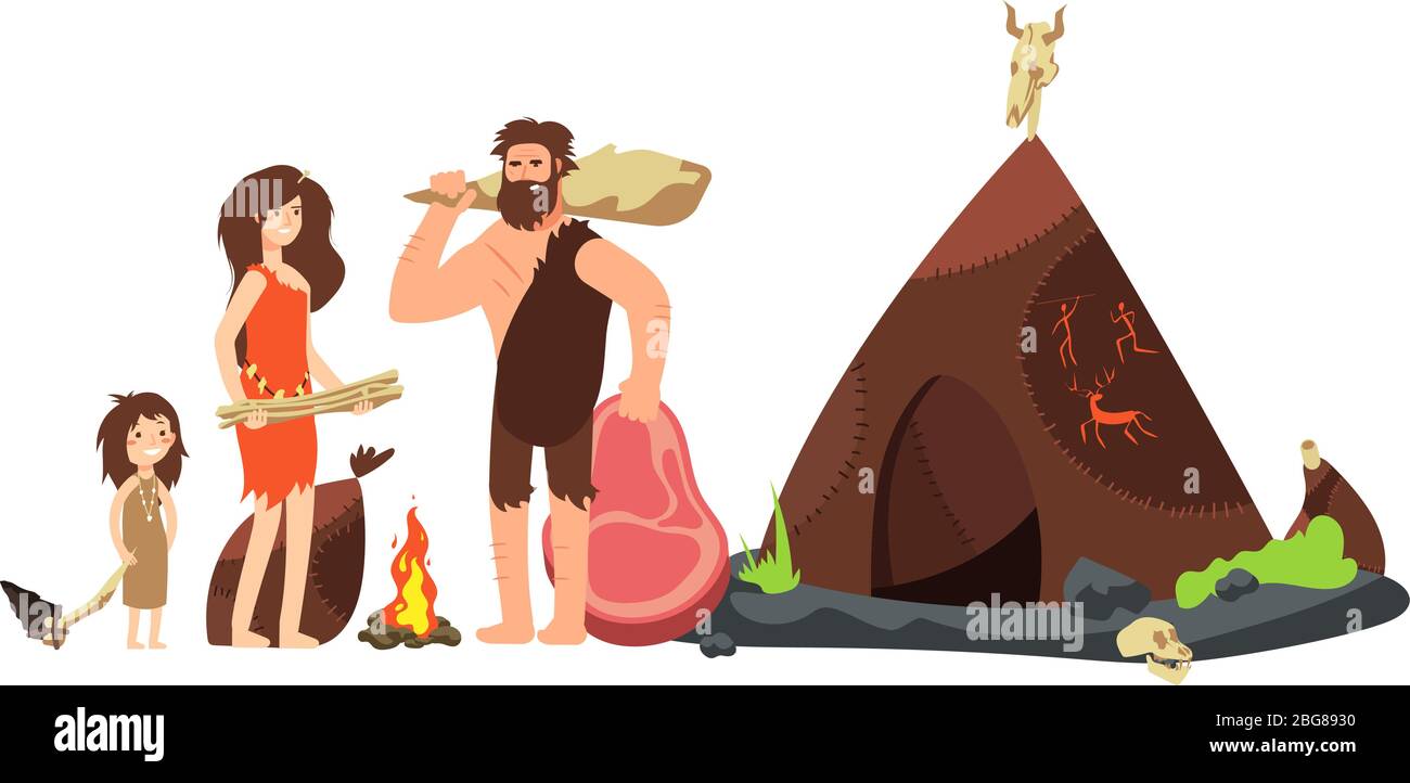 Cartoon Höhlenmensch Familie. Prähistorische neandertaljäger und Kinder. Alte Homo sapiens Vektor-Illustration. Familie neandertaler, barbarische Höhlenfrau Stock Vektor