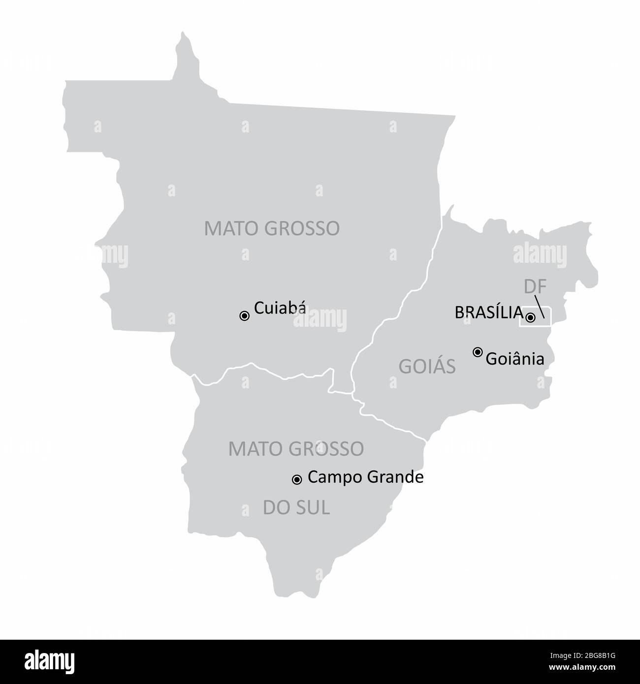 Karte der Region Brasilien im mittleren Westen mit den Hauptstädten isoliert auf weißem Hintergrund Stock Vektor