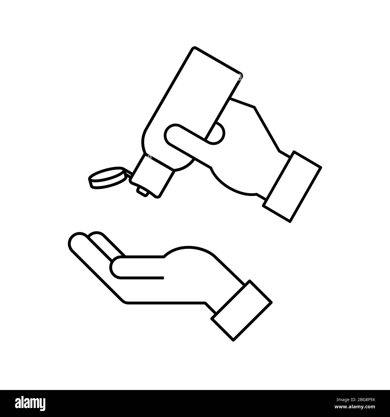 Symbol für die Verwendung der kleinen tragbaren Desinfektionsmittel-Gel-Linie in den Händen. Hände mit antiseptischem Produkt trocken waschen. Desinfektion von menschlichen Handflächen zur epidemischen Prävention Stock Vektor