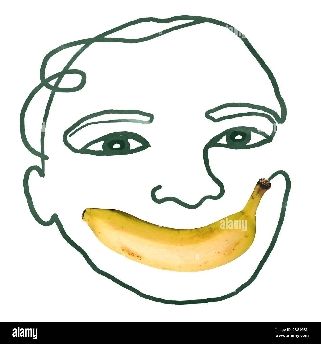 Lustige Hand gezeichnet menschliches Gesicht mit Banana Foto für den Mund Stockfoto