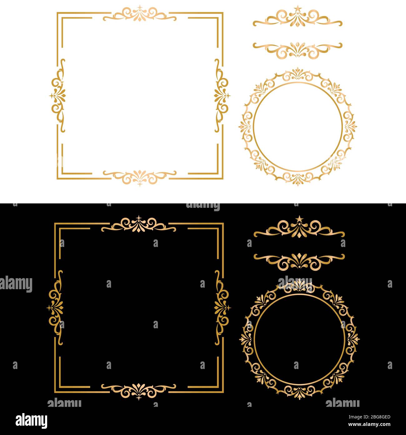 Luxuriöse goldene Rahmen-Kollektion, Border Ornament, Einladung Rand und Textrahmen, auf weißem und schwarzem Hintergrund. Stock Vektor