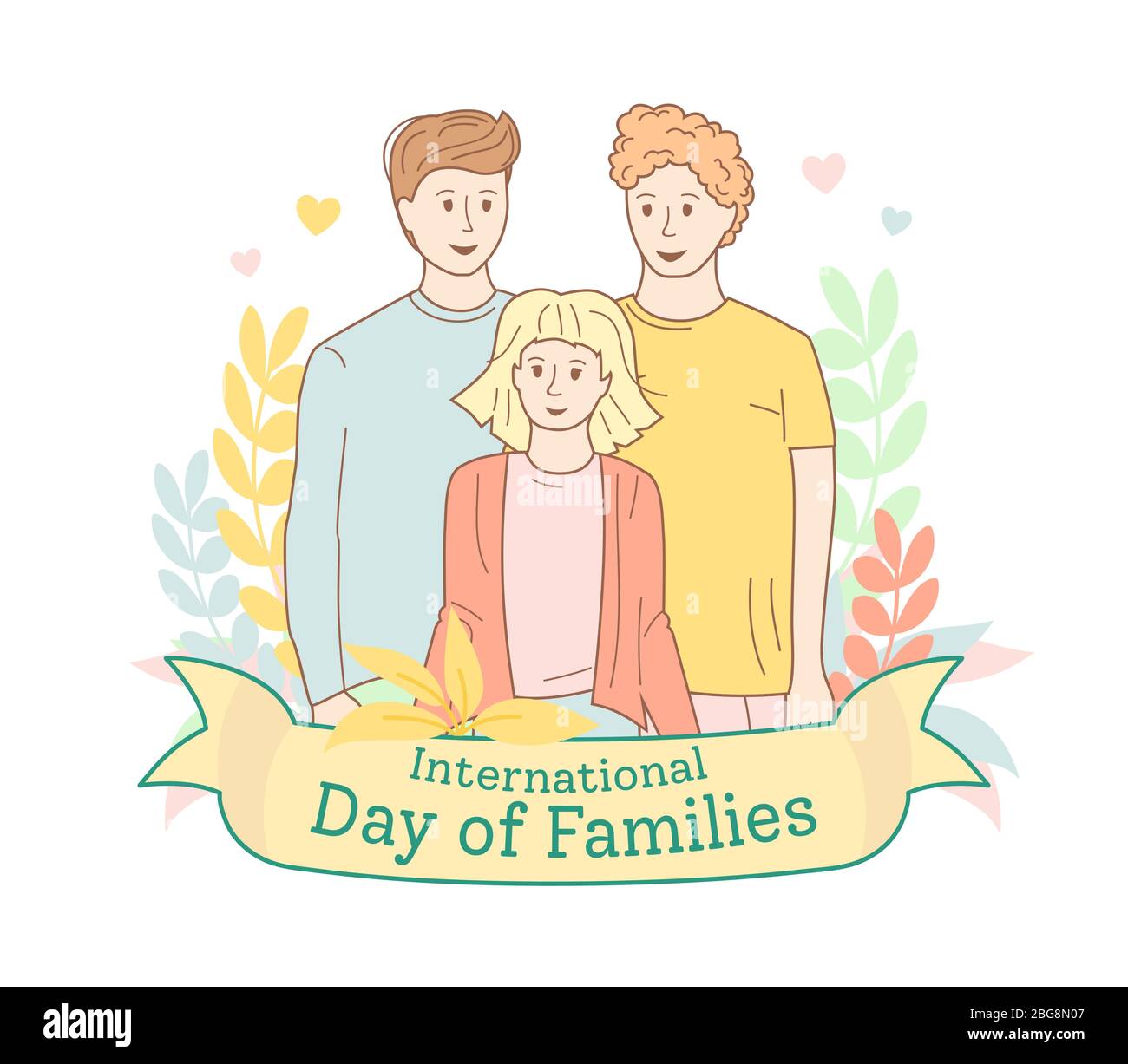 Internationaler Tag der Familien mit Blumenkranz. Zwei Väter und Tochter. Poster für den Internationalen Familientag Cartoon-Stil. Familienporträt, glückliche Menschen. Vektorgrafik Stock Vektor