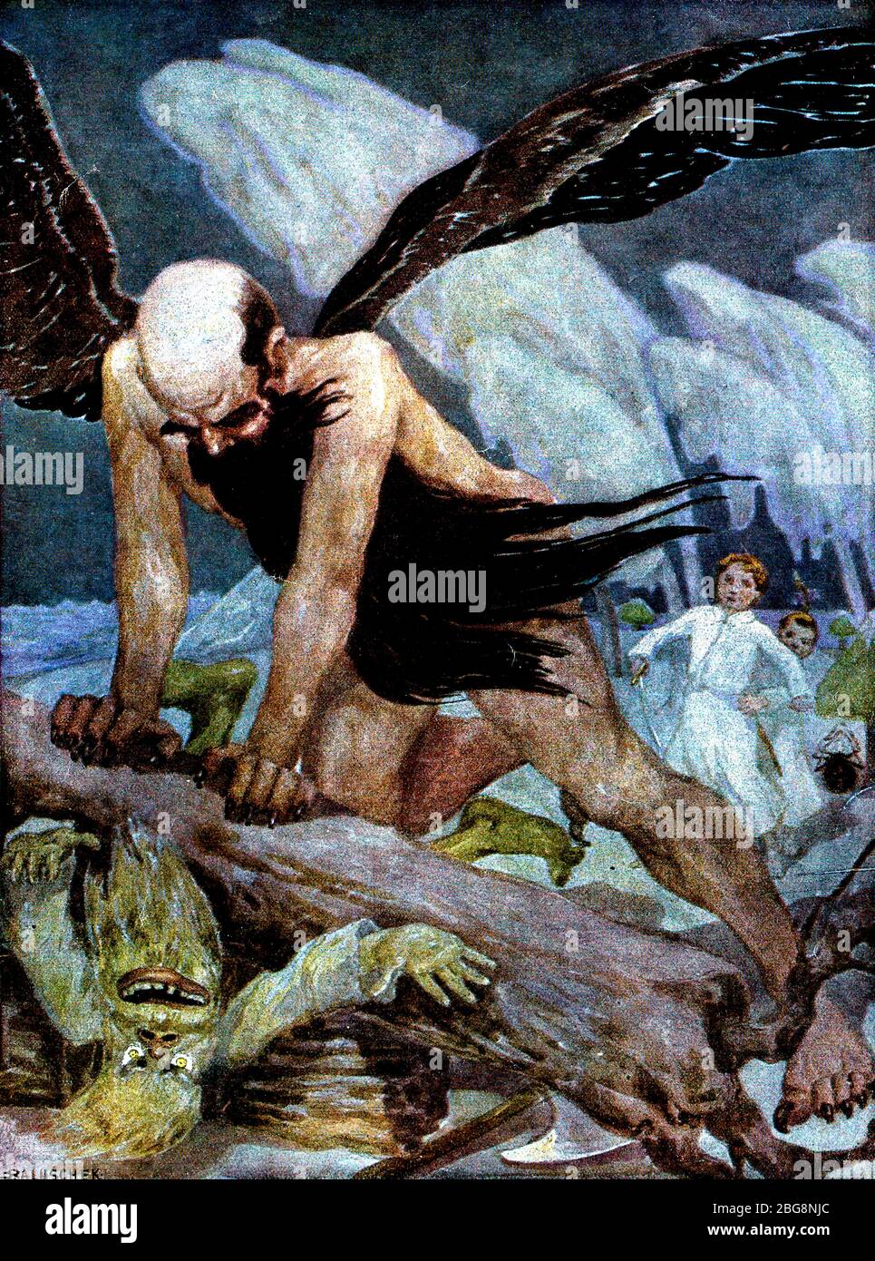 Der Kampf mit dem Mann auf dem Mond, Illustration von Hans Bartuschek, um 1915 Stockfoto