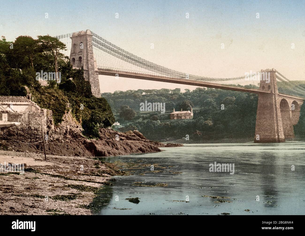 Menai Straits Suspension Bridge, um 1900 Stockfoto