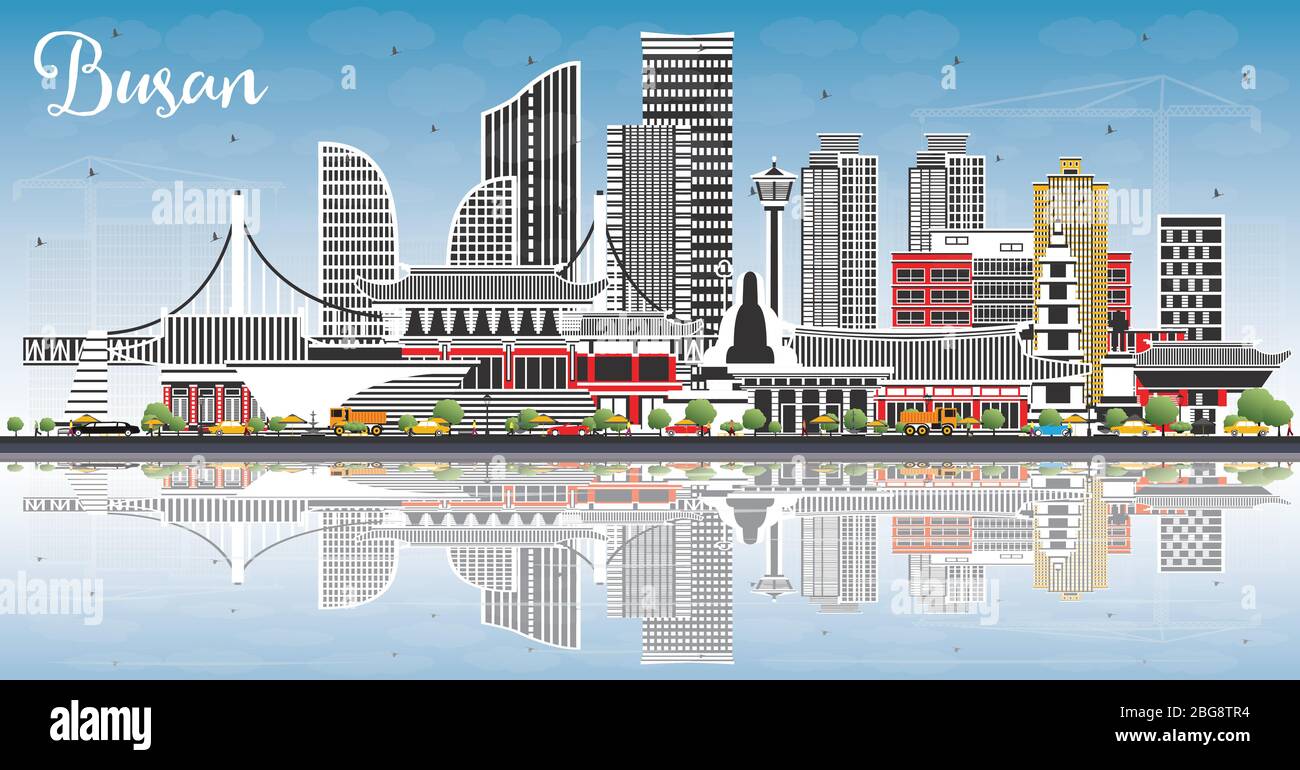 Busan Südkorea City Skyline mit farbigen Gebäuden, blauem Himmel und Reflections. Vektorgrafik. Stock Vektor