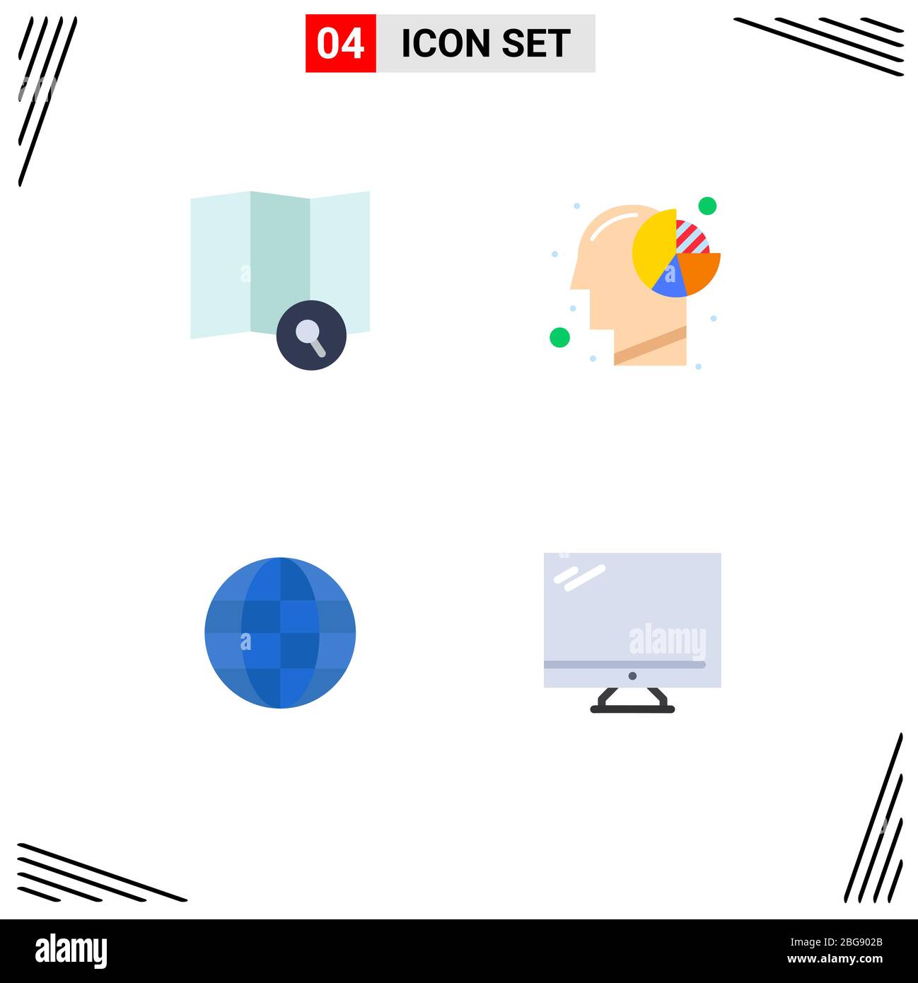 4 Universal Flat Icons Set für Web und Mobile Anwendungen Entdecken, Globus, Analyse, Mensch, ineternet editierbare Vektor Design Elemente Stock Vektor