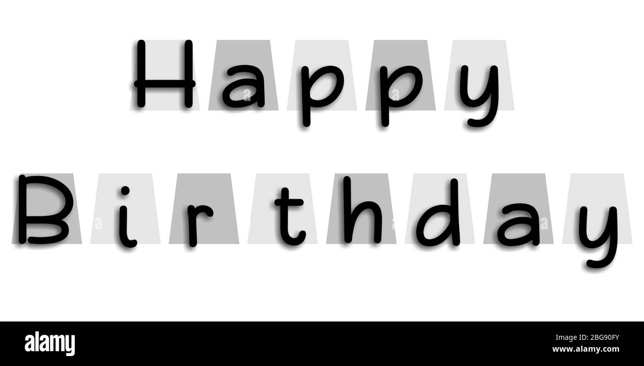 Sehr simpel Happy Birthday Design in grau und weiß mit schwarzem Text auf einem rein weißen Hintergrund. Stockfoto