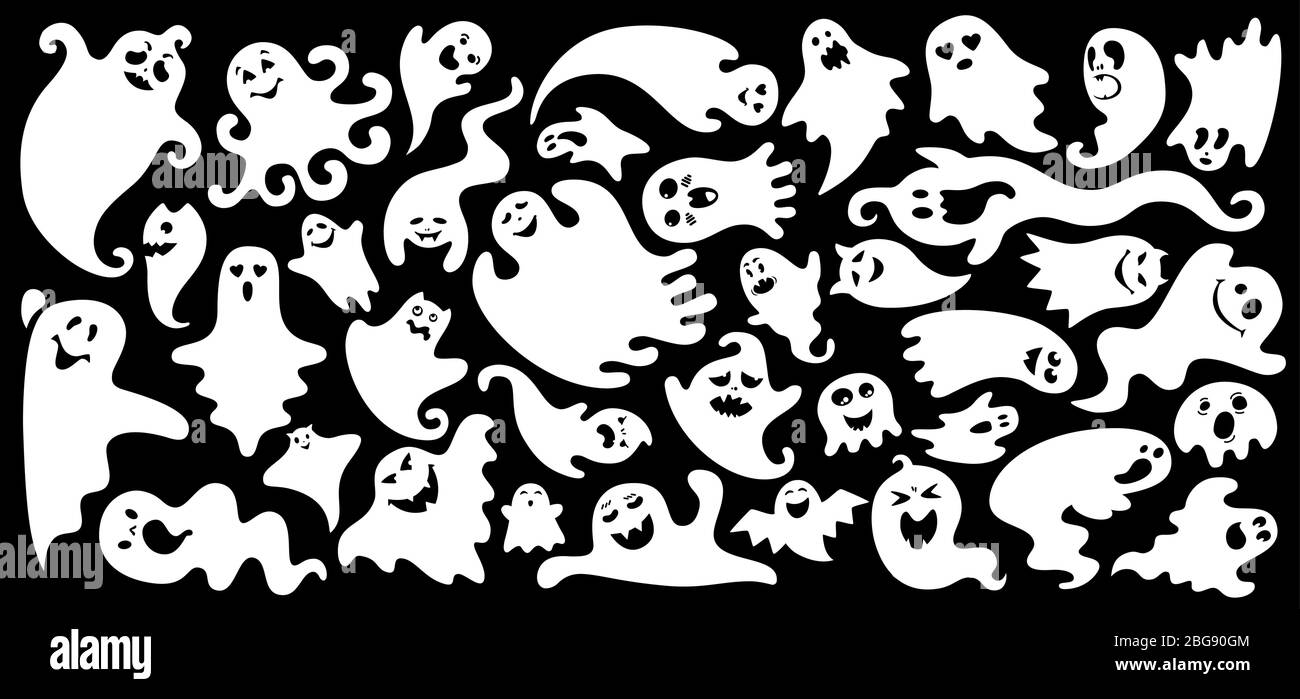 Geist Wohnung Cartoon-Set. Einfache Halloween-Kollektion niedliche und gruselige geisterhafte Monster. Fröhliche gruselige oder lustige Comic-Figur. Silhouette monochrome Geister. Vektorgrafik Stock Vektor