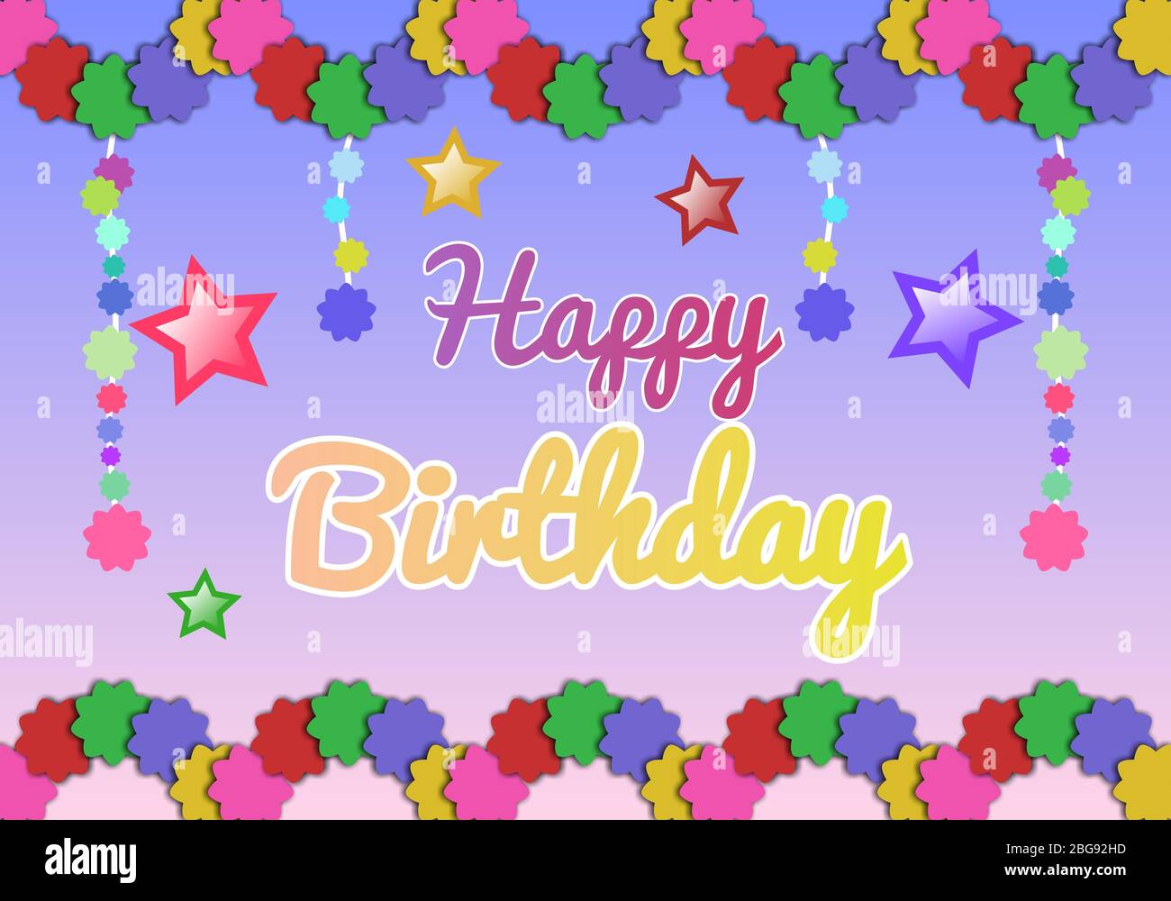 Ein sehr kreatives und dekoratives Design von Happy Birthday mit mehreren Dekorationen in schönen Farben mit Sternen und farbenfroher Textkunst Stockfoto