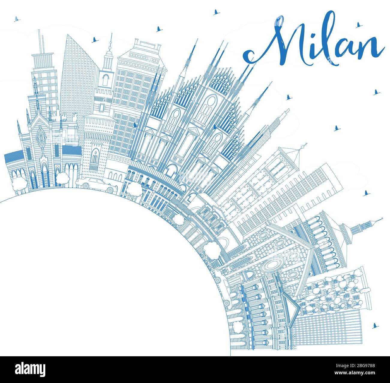 Umrisse Mailand Italien Skyline der Stadt mit blauen Gebäude und Kopieren. Vector Illustration. Business Travel und Konzept mit historischer Architektur. Stock Vektor