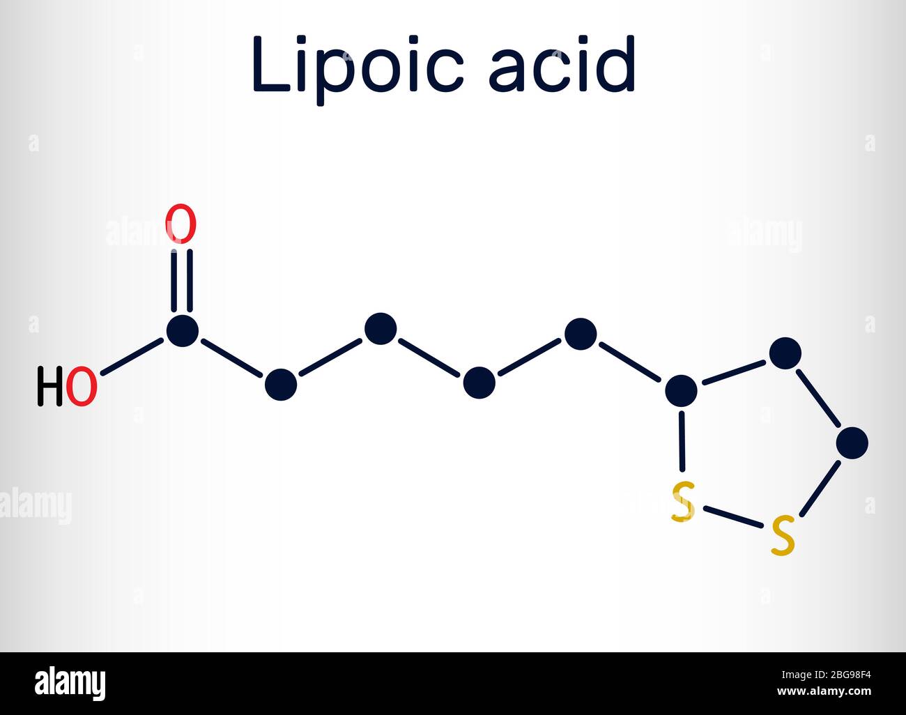 Liponsäure, LA, ALA, Alpha-Lipon, Thioctic-Säure, Lipoat-Molekül. Es ist organosulphur ...
