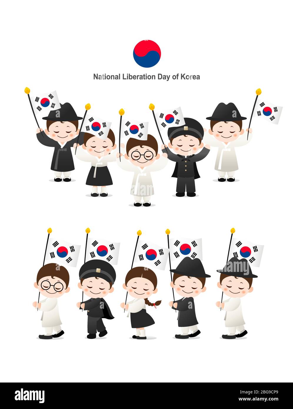 Tag Der Befreiung. Koreanische hanbok-Kinder halten die Nationalflagge. Stock Vektor