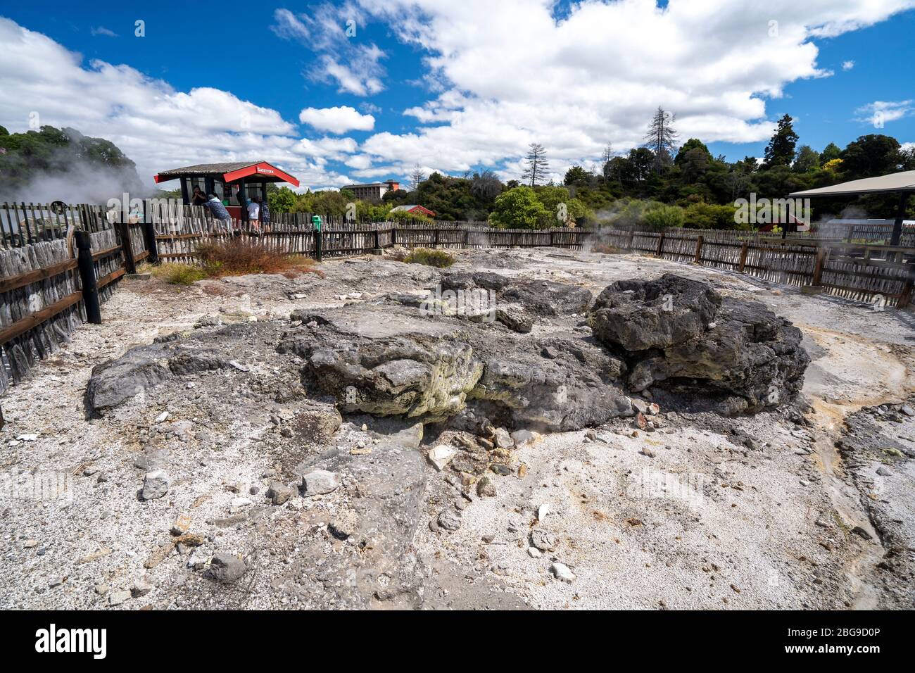 Geothermieanlage, Whakarewarewa Valley, Rotorua, Nordinsel Neuseeland Stockfoto