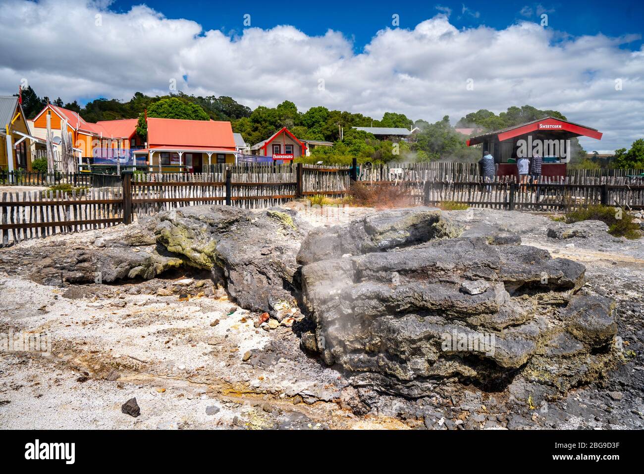 Geothermieanlage, Whakarewarewa Valley, Rotorua, Nordinsel Neuseeland Stockfoto