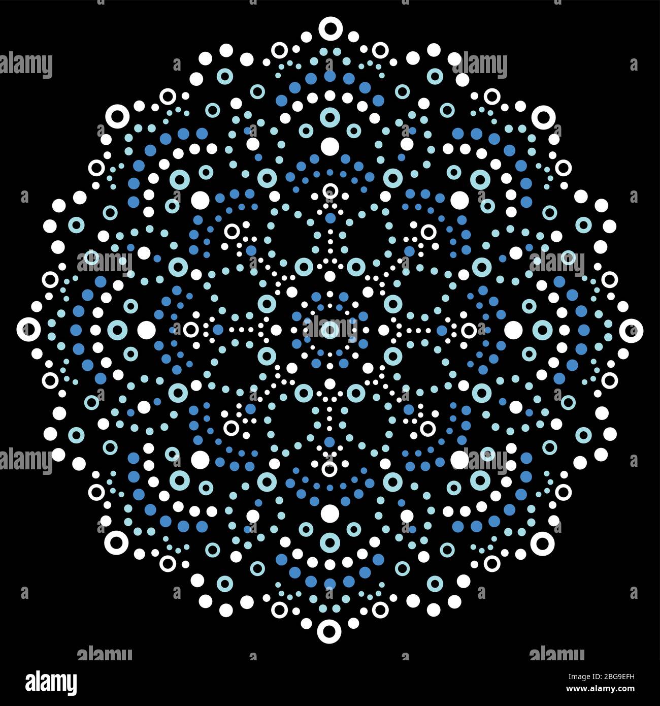 Mandala Aboriginal Dot Malerei Tribal Vektor-Design, dekorative Boho Stil australischen Dot Art Muster in weiß und blau auf schwarz Stock Vektor