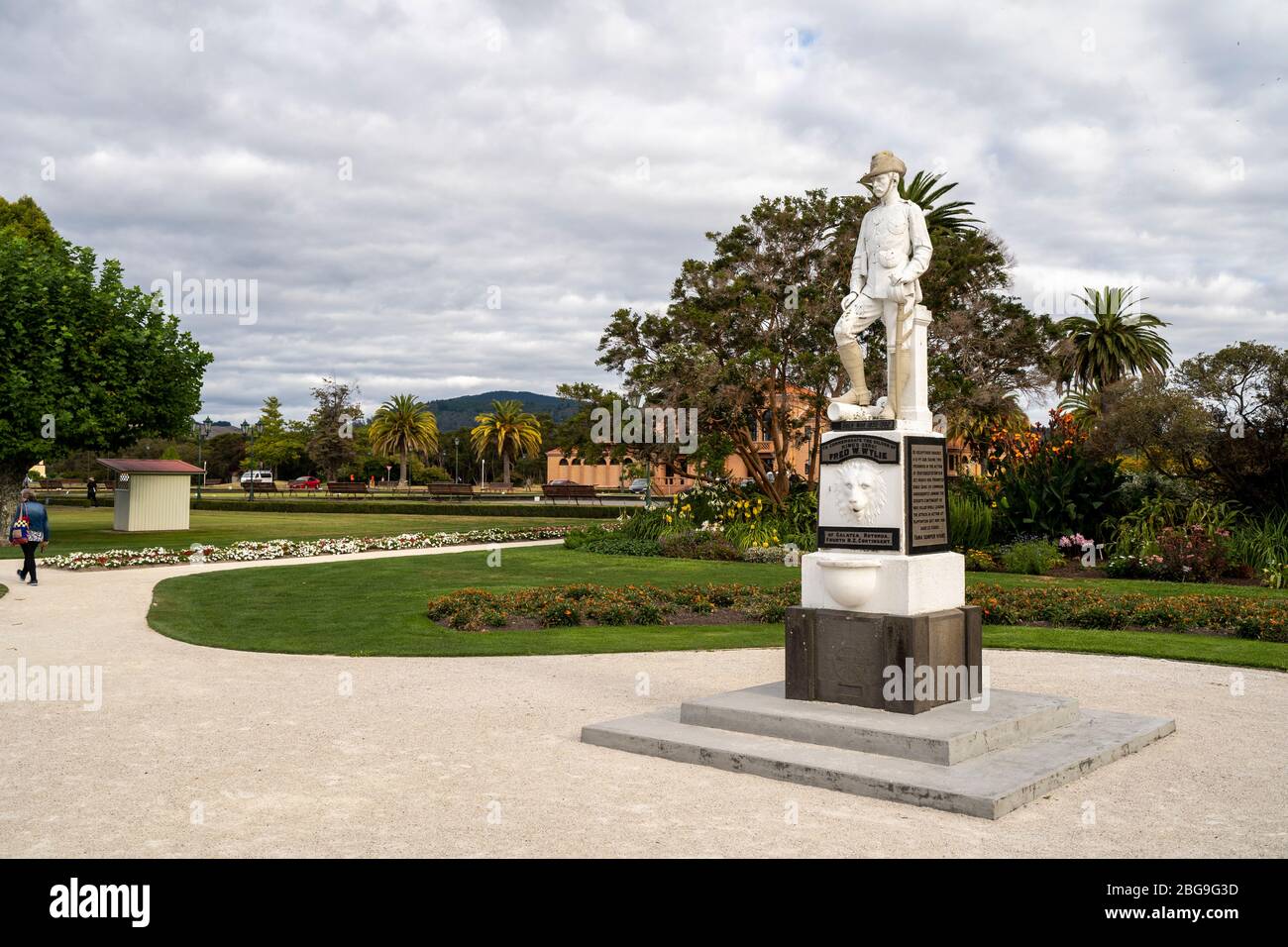 Fred W Wylie Memorial Statue, Government Gardens, Rotorua New Zealand. Stockfoto