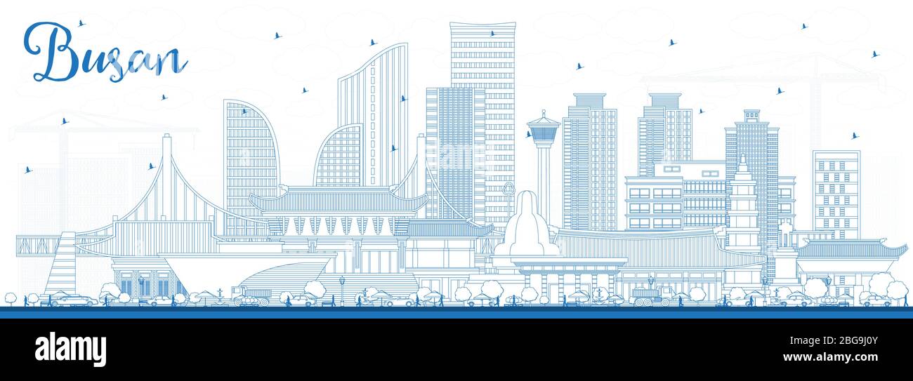 Skizzieren Sie Busan Südkorea City Skyline mit blauen Gebäuden. Vektorgrafik. Stock Vektor
