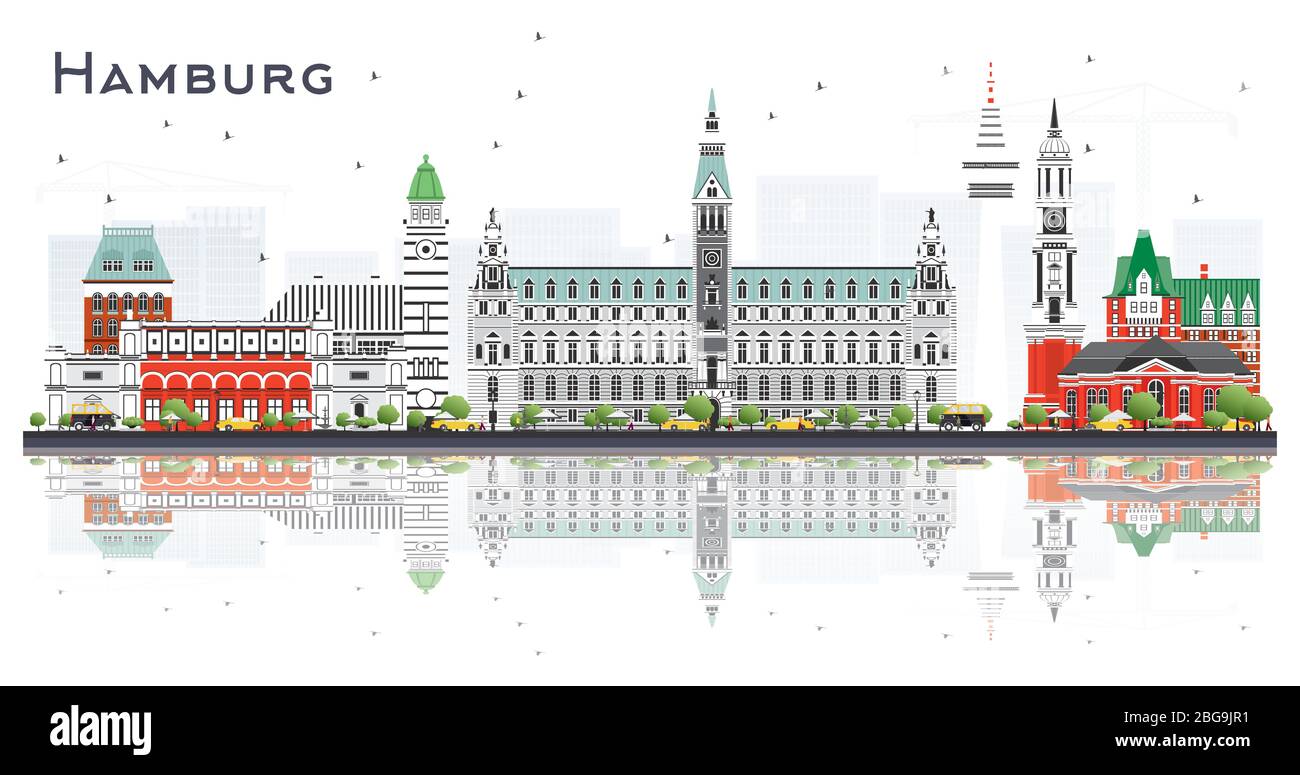 Hamburg Deutschland City Skyline mit grauen Gebäuden und Reflektionen isoliert auf Weiß. Vektorgrafik. Stock Vektor