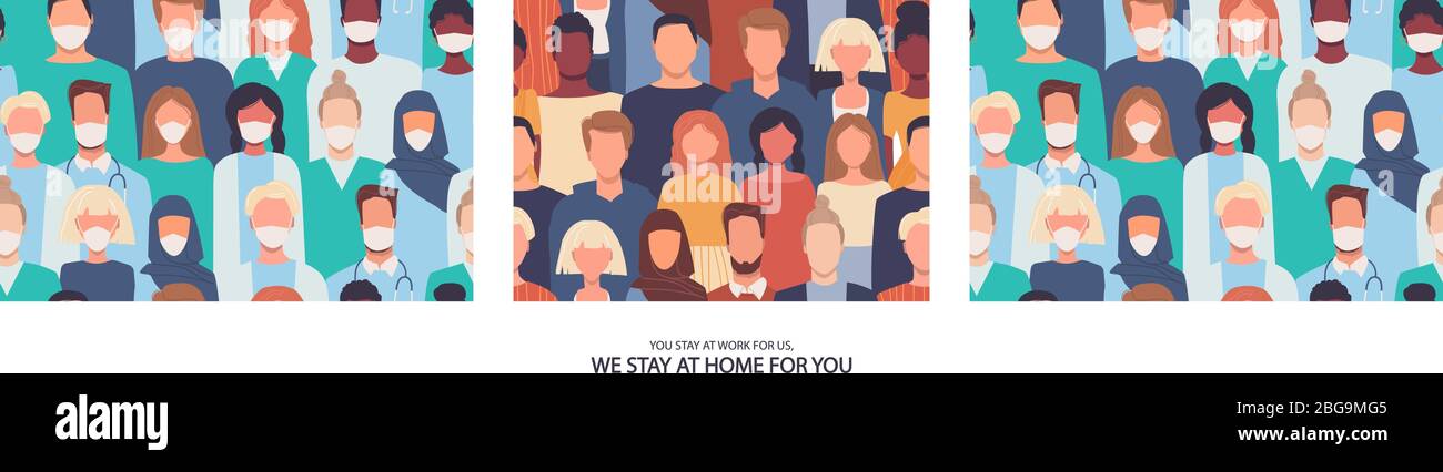 Satz von modernen Vektor nahtlose Muster mit Menschen. Endlose Textur, Druck, Tapete, Hintergrund. Vielen Dank an Ärzte und Krankenschwestern. Wir bleiben bei der Arbeit für Stock Vektor