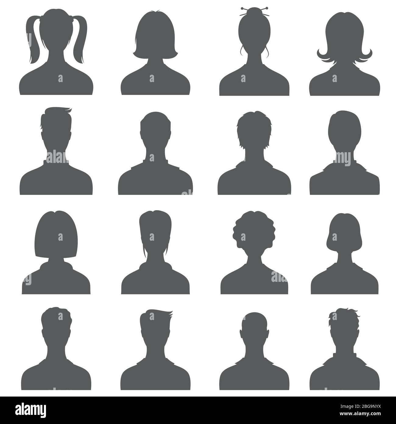 Anonyme Gesicht Menschen Köpfe Vektor Silhouetten. Monochrome Business-Benutzerprofile. Anonyme Avatar Person Benutzer Illustration Stock Vektor