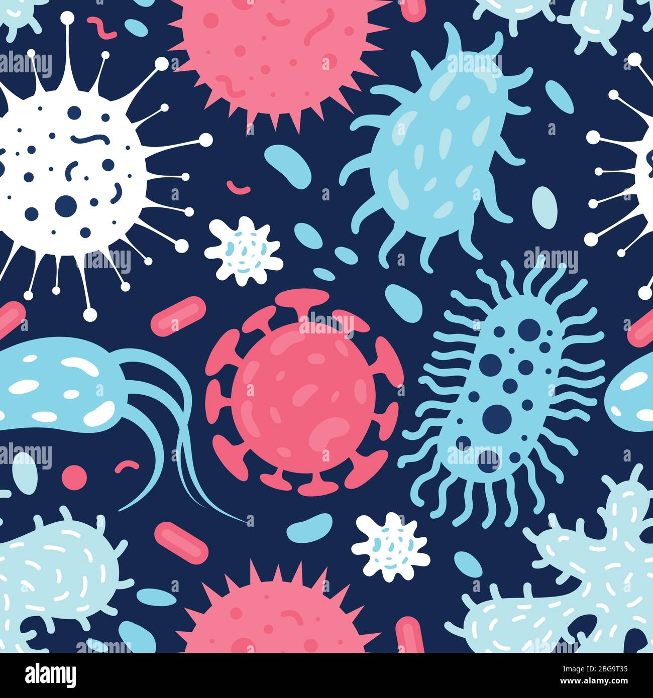 Nahtlose Textur von Doodle Mikroben. Hintergrund Mikrobe und Virus. Vektorgrafik Stock Vektor