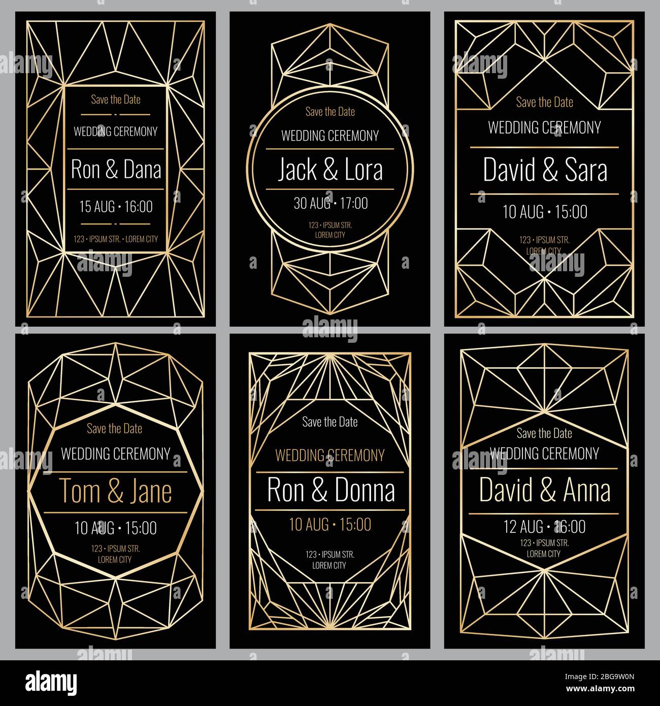 Edle Hochzeitseinladungskarten mit Diamant goldenen geometrischen Rahmen Vektor-Set. Hochzeitskarte Einladung in Vintage Luxus-Stil Illustration Stock Vektor
