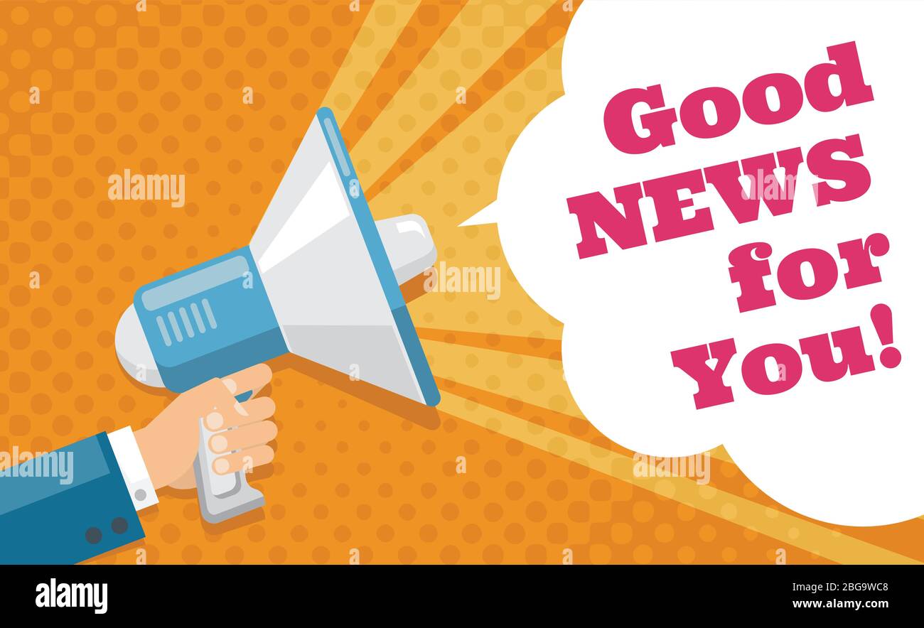 Mans Hand halten Megaphon mit Werbe-Text-Vektor-Poster. Kommunikation und Megaphon-Botschaft verkünden gute neue Illustration Stock Vektor