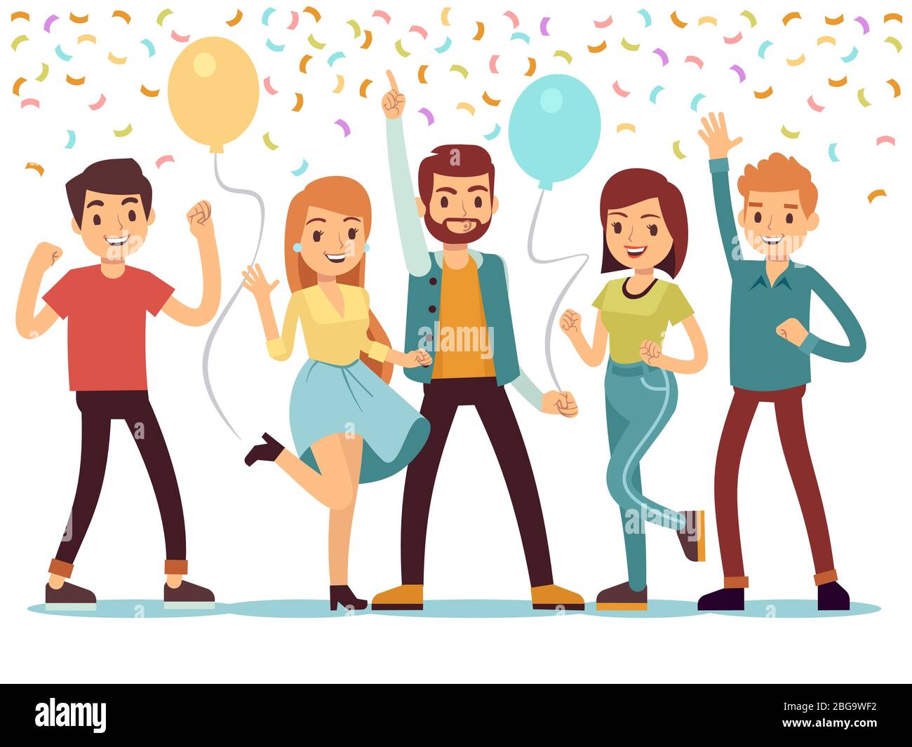 Junge Leute auf der Party lachen und tanzen. Glückliche Männer und Frauen feiern ein wichtiges Ereignis. Vektorgrafik. Menschen auf der Party, Frauen und Männer Gruppe Glück Stock Vektor