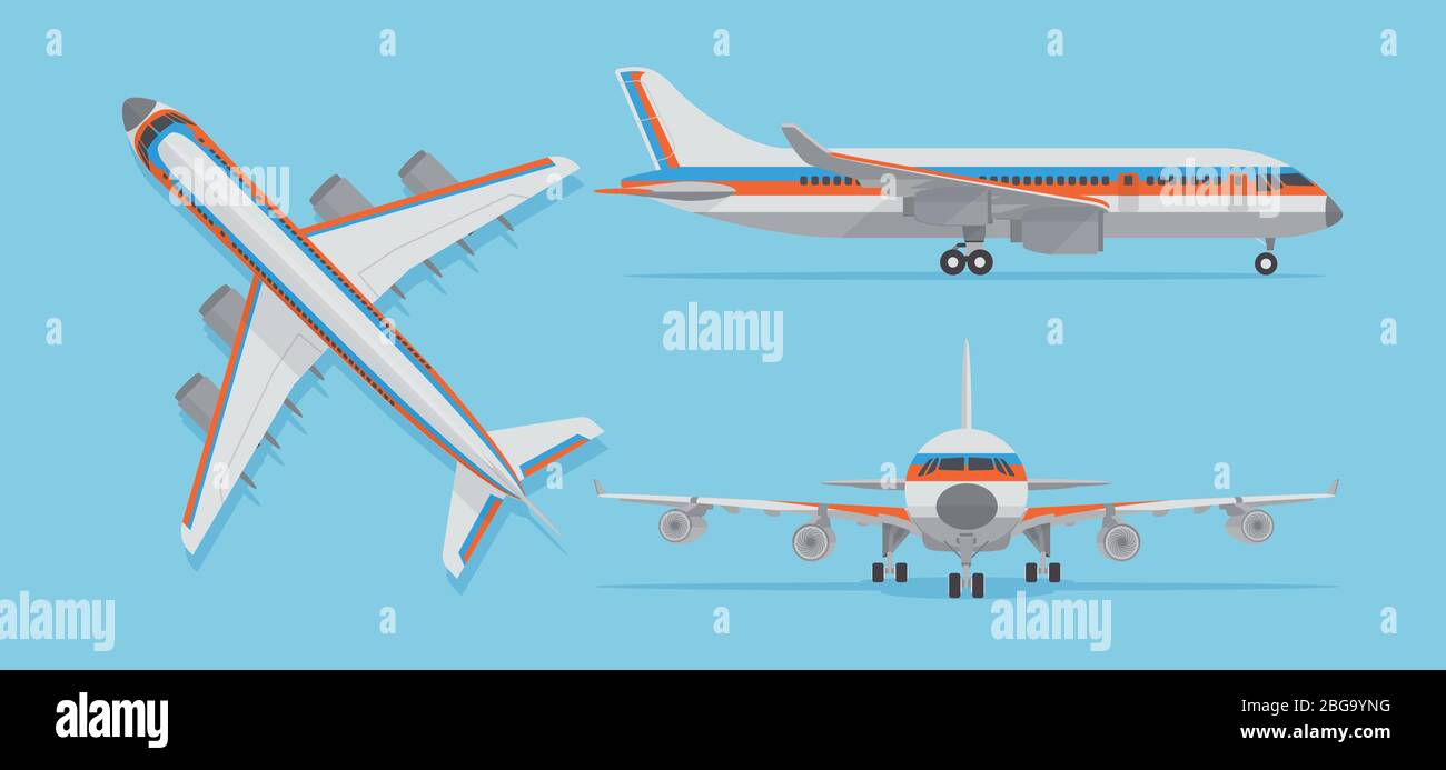 Modernes Passagierflugzeug, Flugzeug in der oberen, seitlichen Ansicht, Vorderansicht. Vektorflugzeug im flachen Stil. Flugzeugflug, Flugzeugtransport Draufsicht Abbildung Stock Vektor