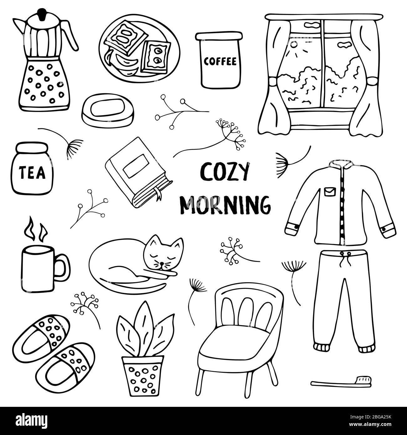 Gemütlicher Morgen. Bleiben Sie zu Hause. Satz von Kritzeleien. Sessel, Tasse Kaffee, Blume in einer Kanne, Hausschuhe, Kaffeekanne, Sandwichplatte, ein Glas Kaffee und Tee, ein Stock Vektor