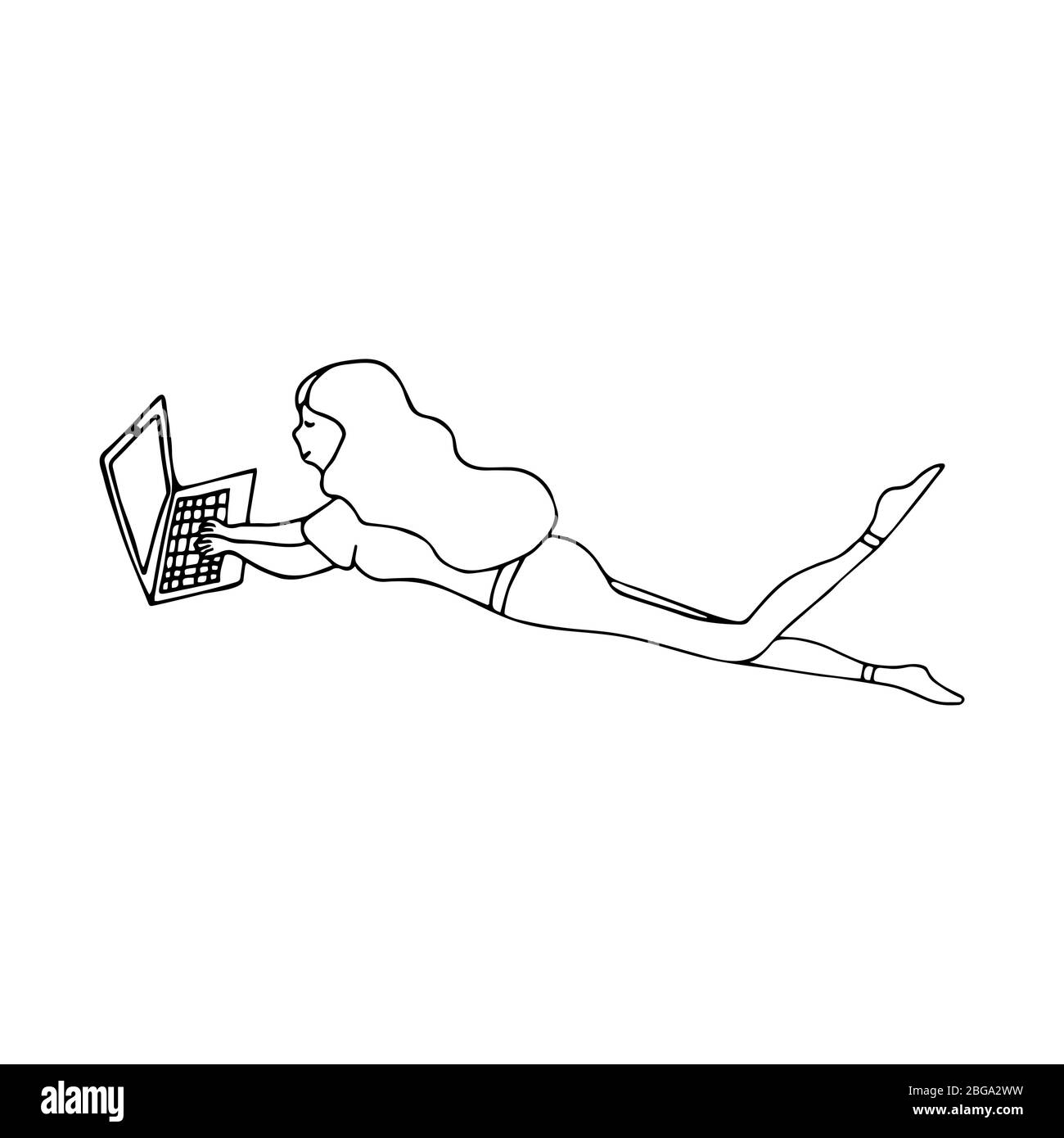 Mädchen liegen arbeitet an einem Laptop zu Hause. Telearbeit, Freiberufler, Heimarbeit. Schwarz-Weiß-Doodle-Vektor Stock Vektor