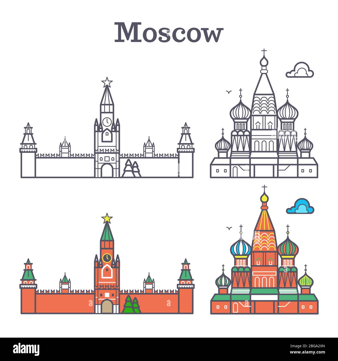 Moskau lineare russland Wahrzeichen, sowjetische Gebäude, Red Square isoliert auf weißem Hintergrund. Vektorgrafik Stock Vektor