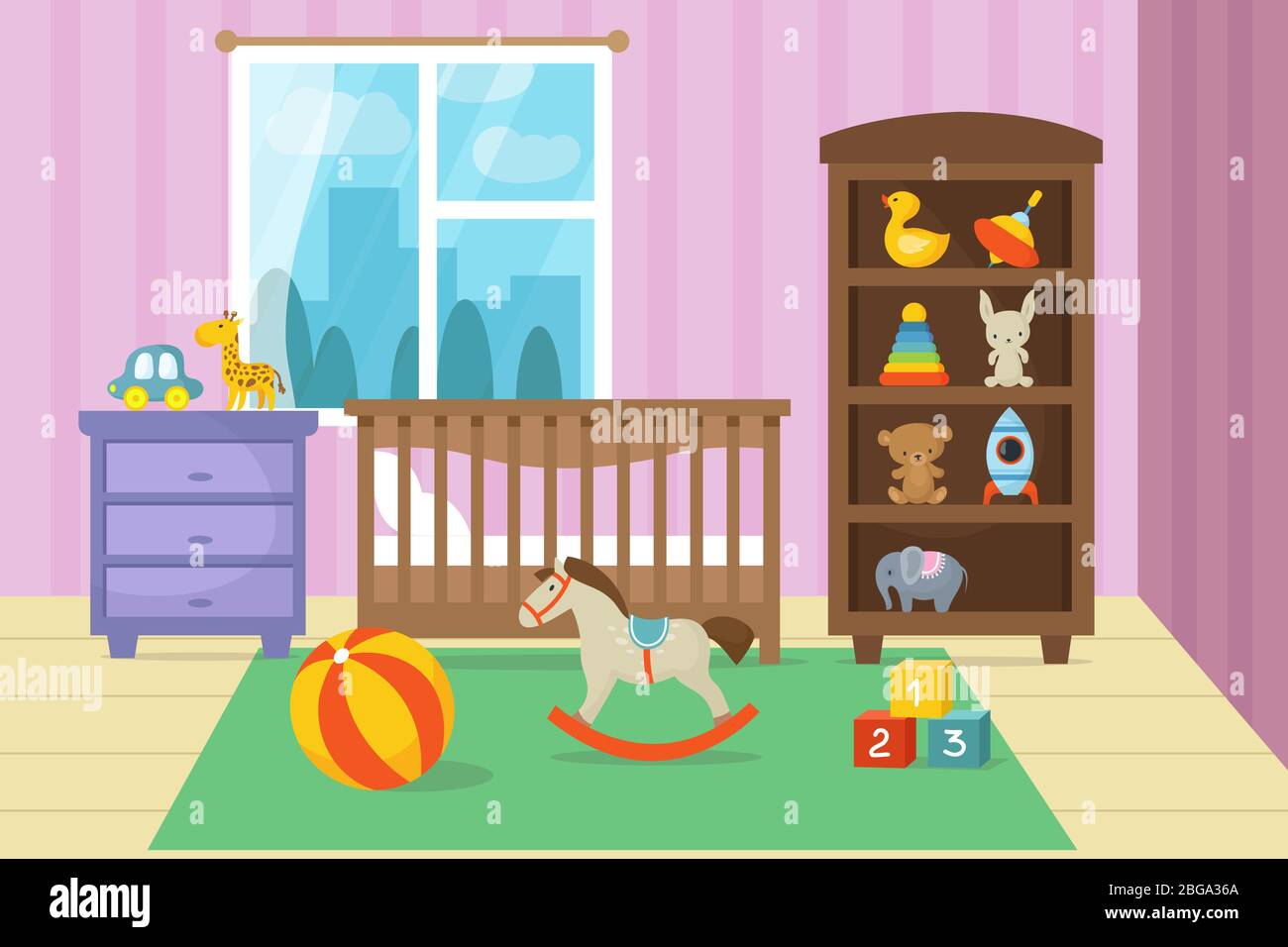 Cartoon Kinderzimmer Innenraum mit Kind Spielzeug Vektor-Illustration. Schlafzimmer Kind, Spielzimmer Cartoon mit Bett und Spielzeug Stock Vektor