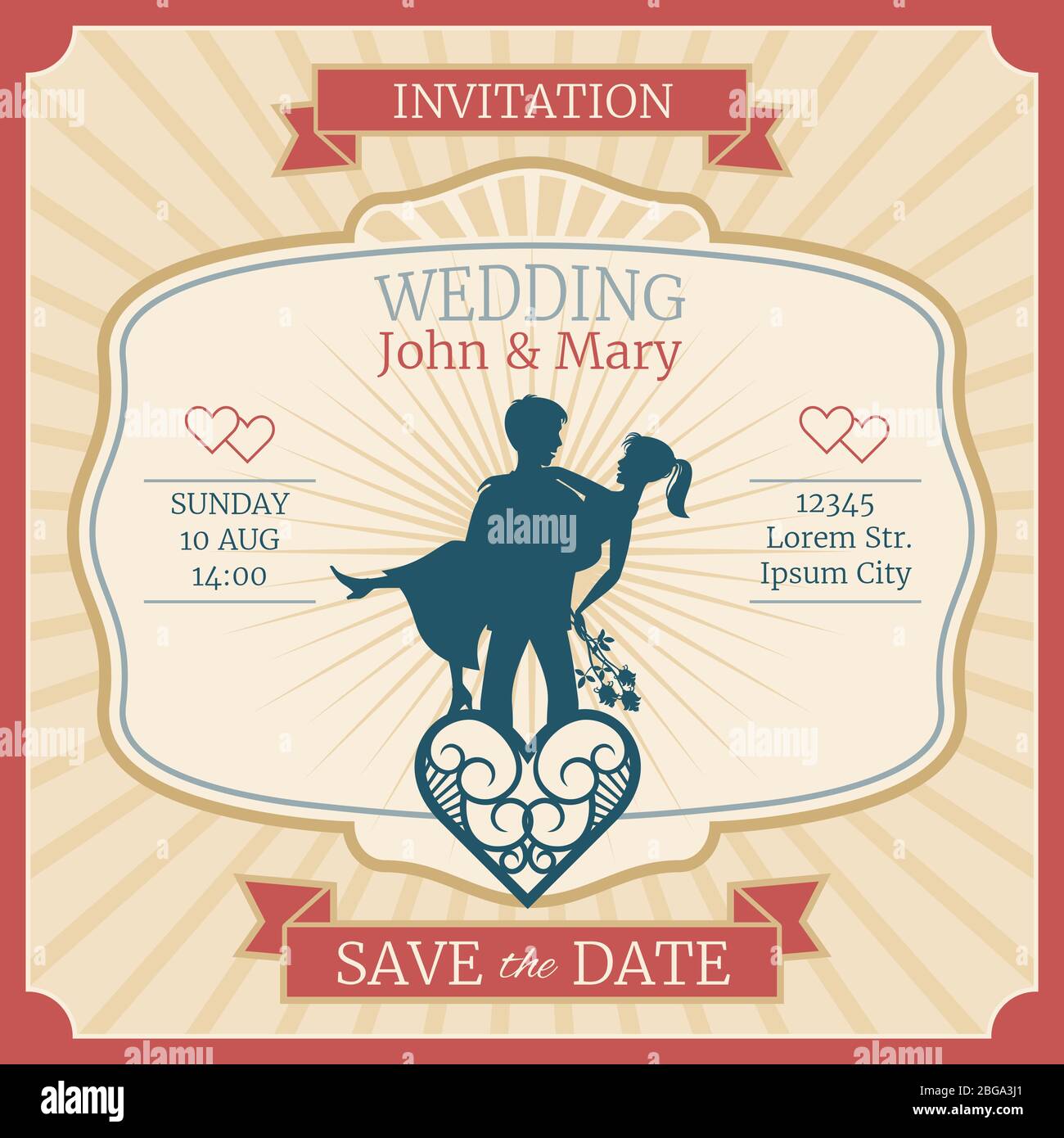 Hochzeit Vektor Einladungskarte mit nur verheirateten Braut und Bräutigam Silhouetten. Illustration der Einladung Hochzeitskarte Stock Vektor