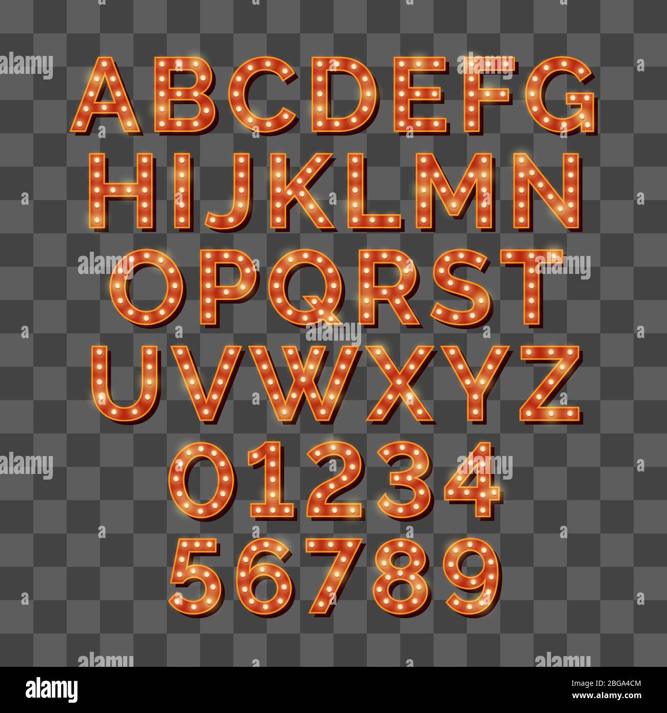 Retro-Glühbirne hell Alphabet isoliert auf transparentem Hintergrund. Vektorgrafik Stock Vektor