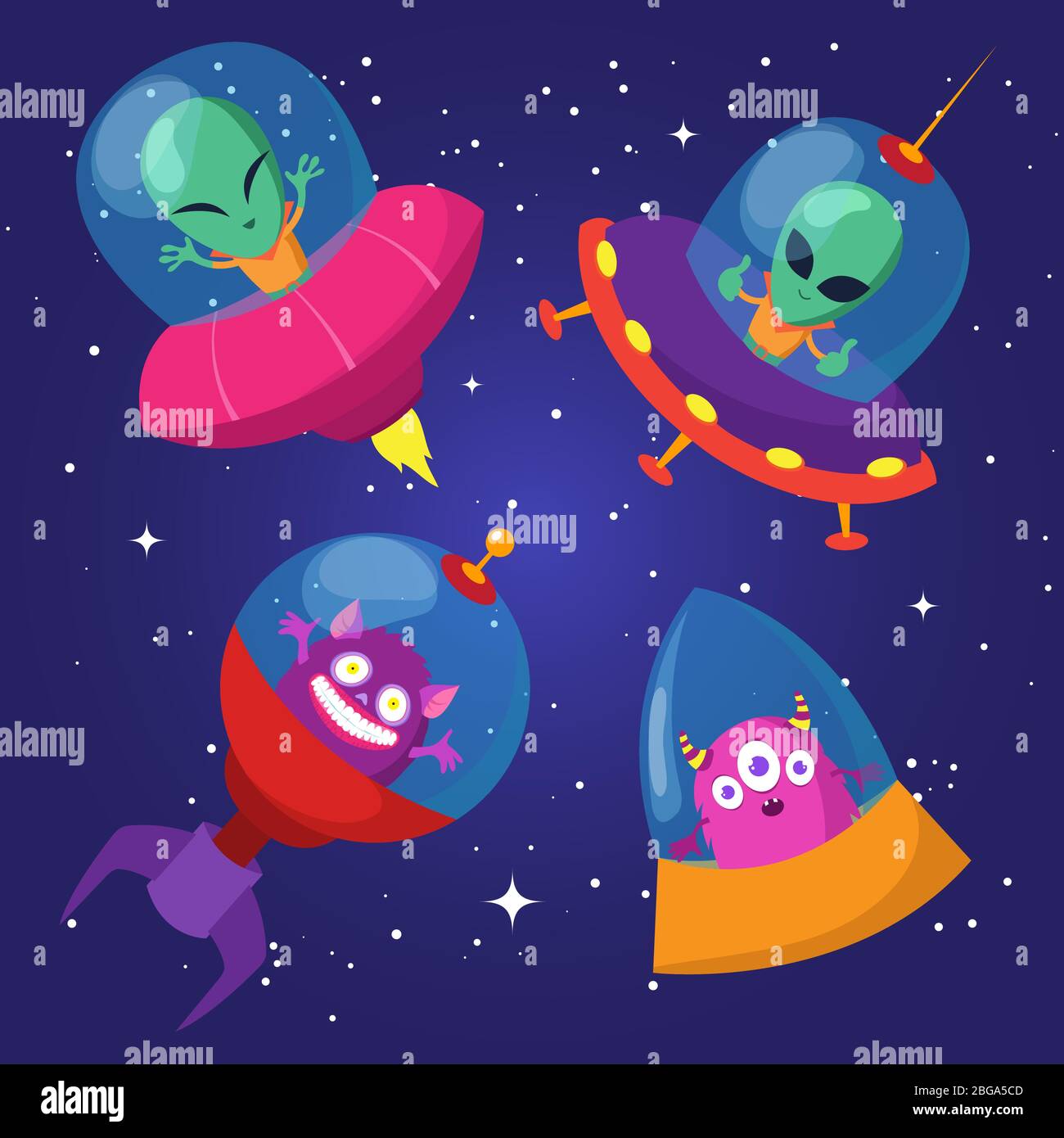 Cartoon lustige Aliens mit ufo in Ente Sternenhimmel Vektor-Set. Alien ufo Raumschiff in Universum Illustration Stock Vektor