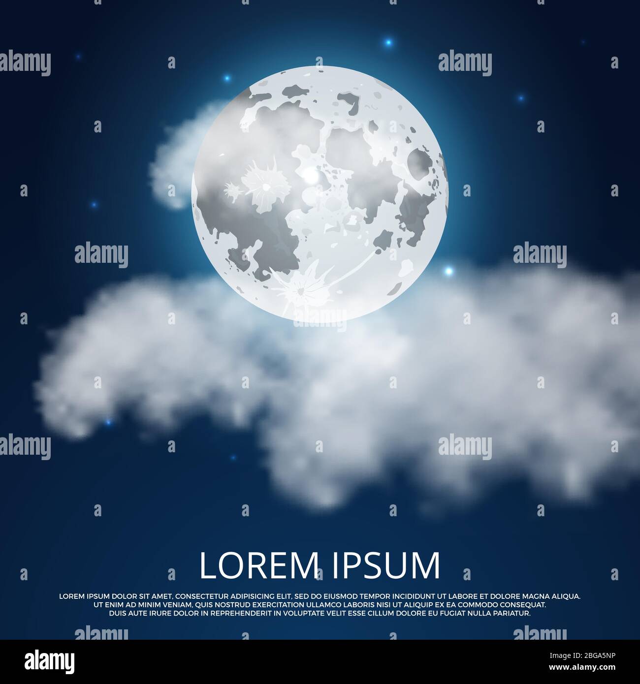 Nachtmond Wolken und Sterne Poster Banner Design. Vektorgrafik Stock Vektor