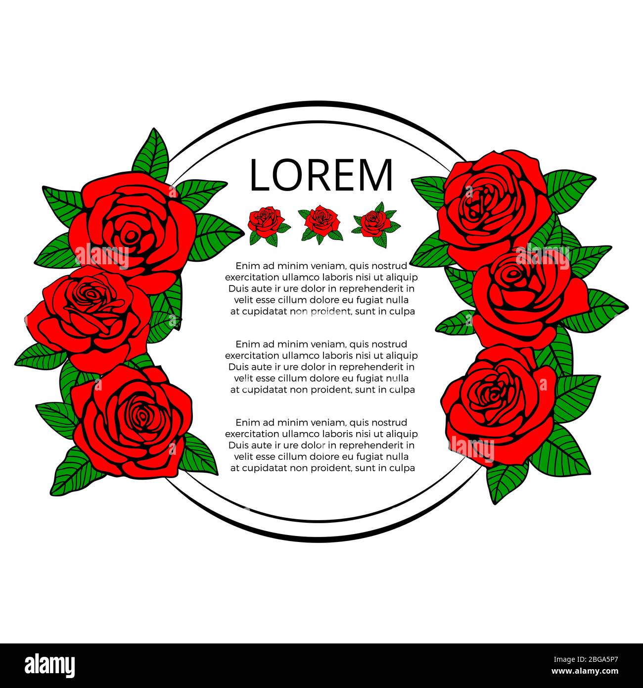 Rundes Banner mit roten Rosen und grünen Blättern. Vektorgrafik Stock Vektor