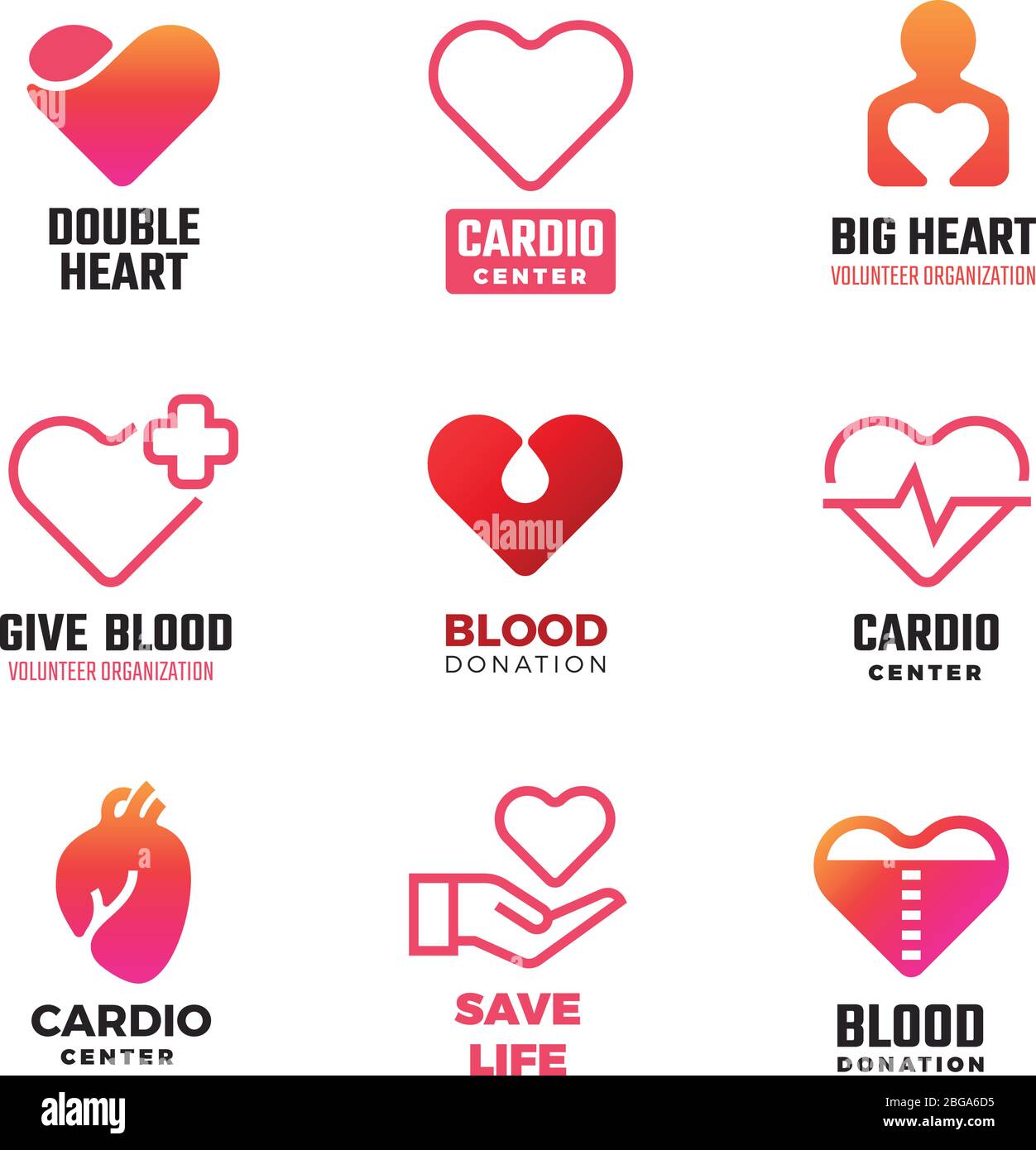 Kardiologie und Blutspende Vektor medizinische Logos. Internationale Embleme des Herztages. Blutbild mit roter Herzillustration Stock Vektor