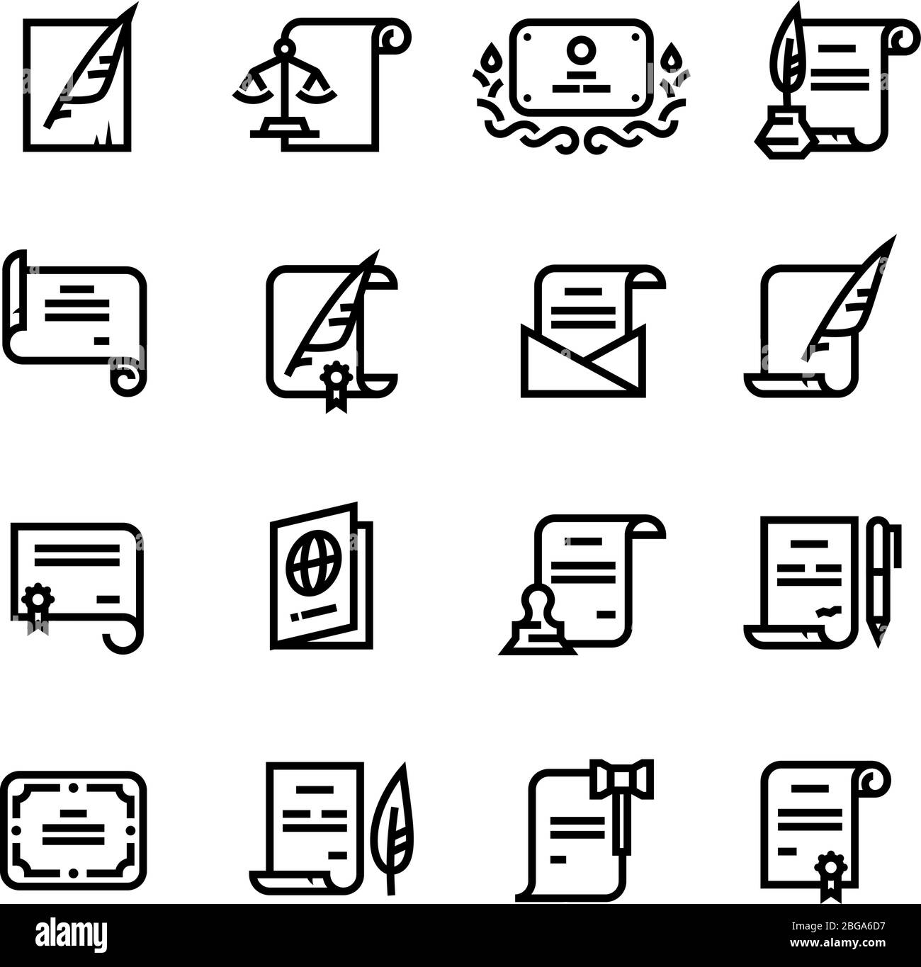 Berechtigungsdokumente, Zertifikat und Reisepass, Lizenz mit cachet einfache Zeile Symbole. Urkunde Dokument Papier und Diplom mit Stempel Illustration Stock Vektor