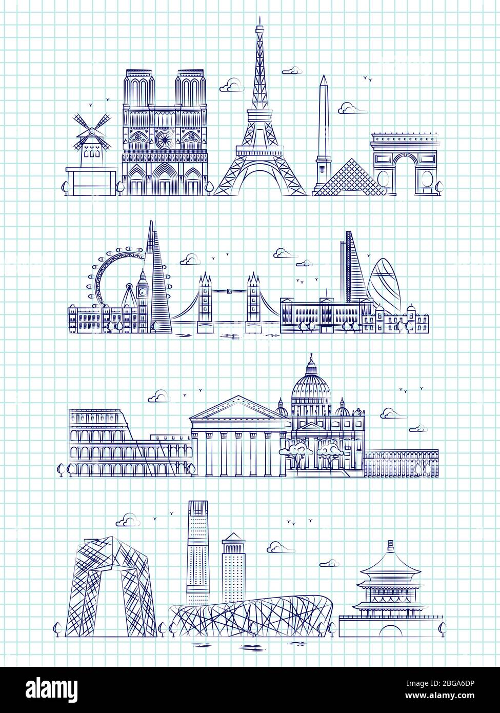 Beliebte Wort Städte Umriss Panorama auf Notebook-Seite. Gebäude Panorama Stadtbild london und rom, paris und hongkong Illustration Stock Vektor