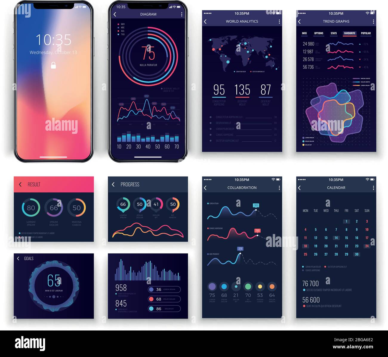 Mobile Anwendung ux Schnittstellen Vektorvorlagen mit Diagrammen und Diagrammen. Smartphone ui Sammlung mit Interface-Anwendung, Infoshorart-Bericht und Diagramm Visualisierung Illustration Stock Vektor