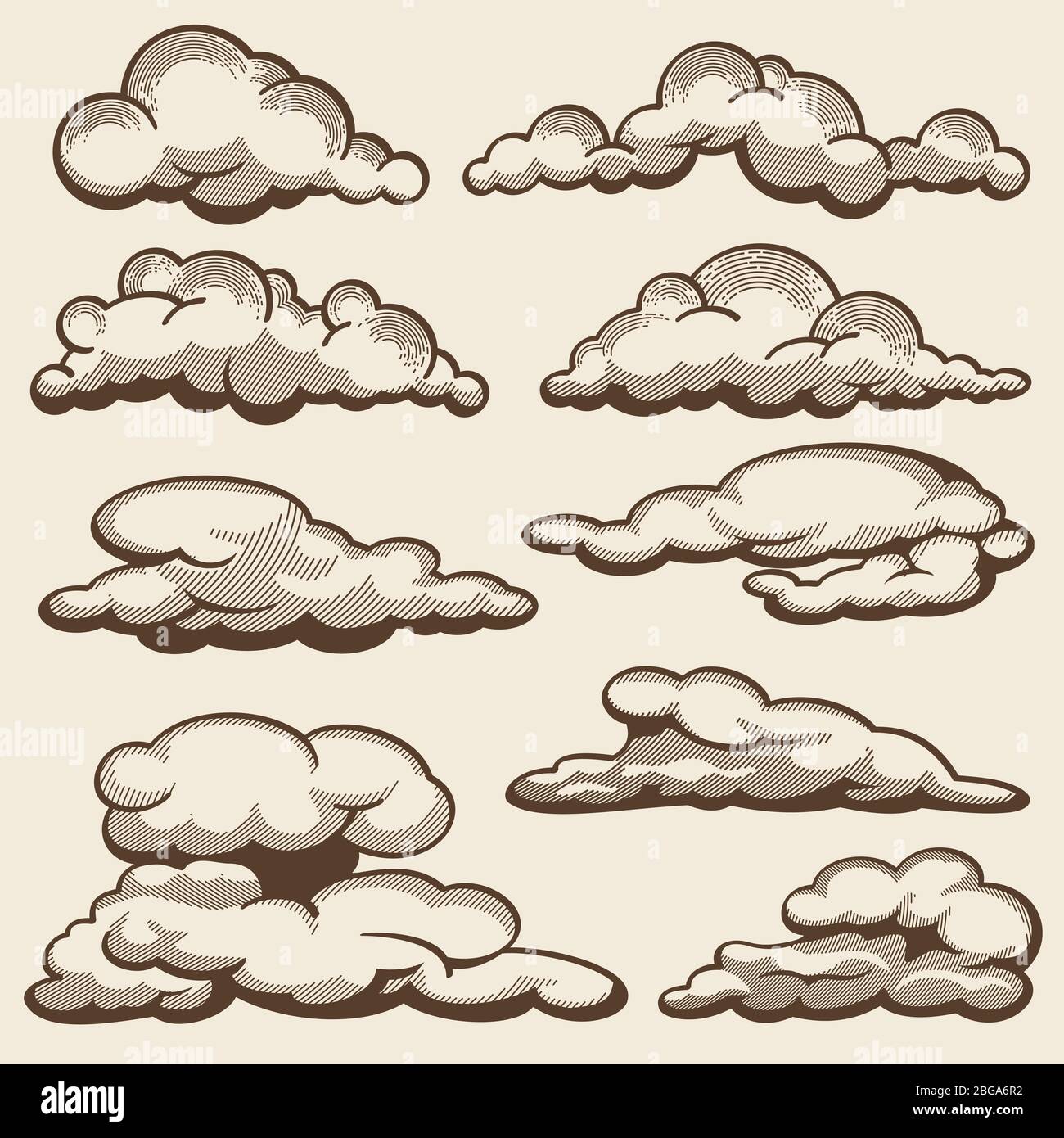 Handgezeichnete Wolken im Vintage-Stil Vektor-Set. Wolke Skizze flauschig, Vintage Zeichnung Kritzelzeichnung Illustration Stock Vektor
