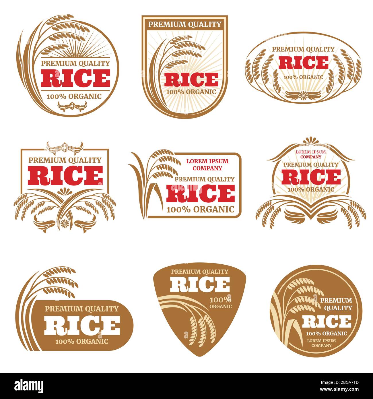 Vektorbeschriftungen für Paddy-Reis. Embleme aus organischen Naturprodukten. Reis Etikett und Emblem, Bio-Bauernhof Produkt Illustration Stock Vektor
