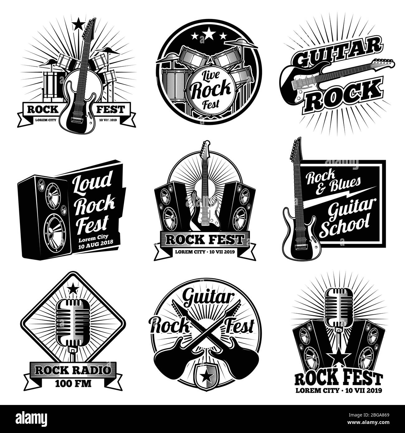 Rock and Roll Musik Vektor-Labels. Vintage Schwermetall Embleme Set. Rockmusik Emblem für Festival oder Radio Illustration Stock Vektor