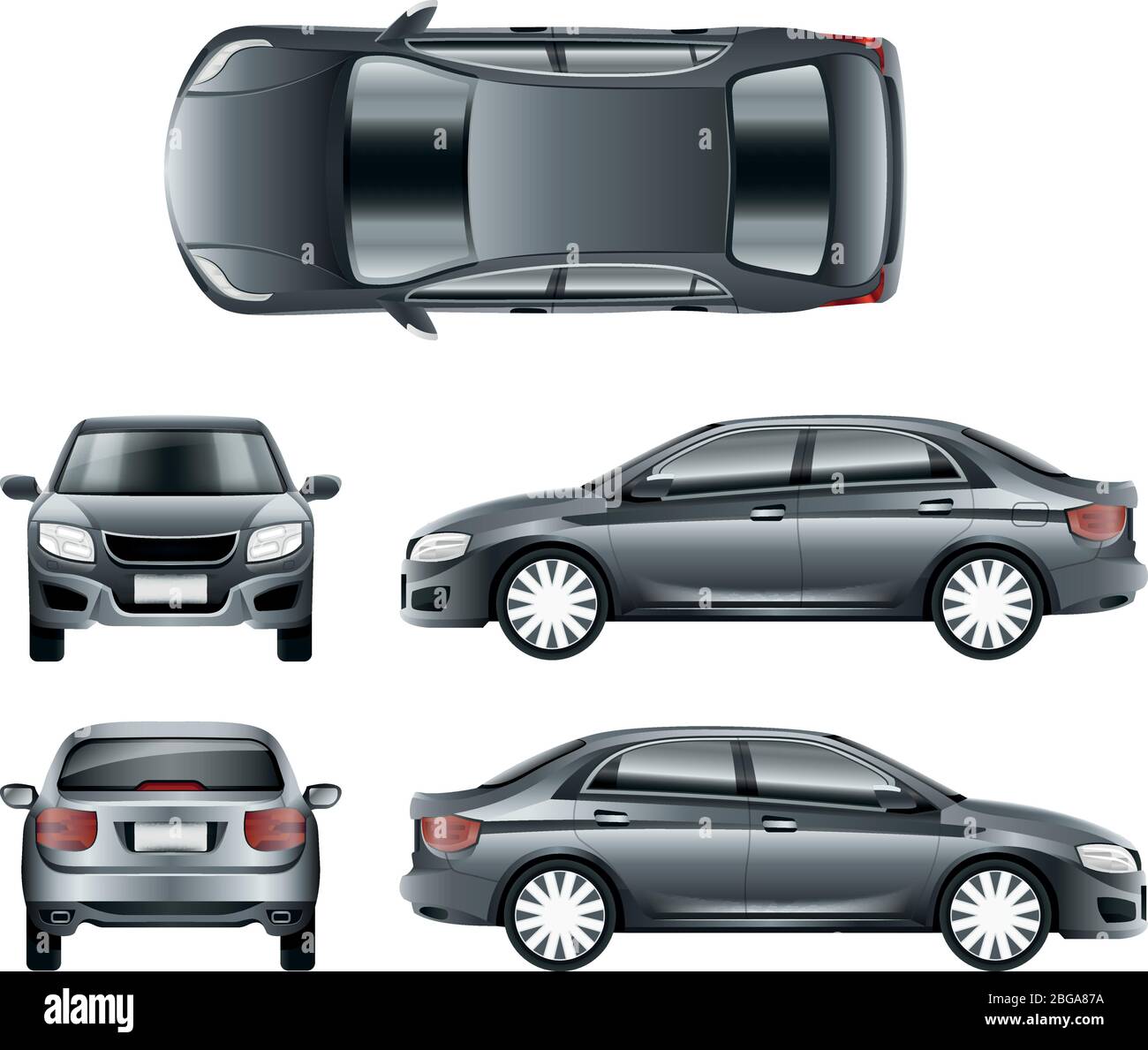 Farbe Auto Limousine in verschiedenen Point of Views Vektor-Vorlage. Abbildung des Modells für den Autotransport Stock Vektor