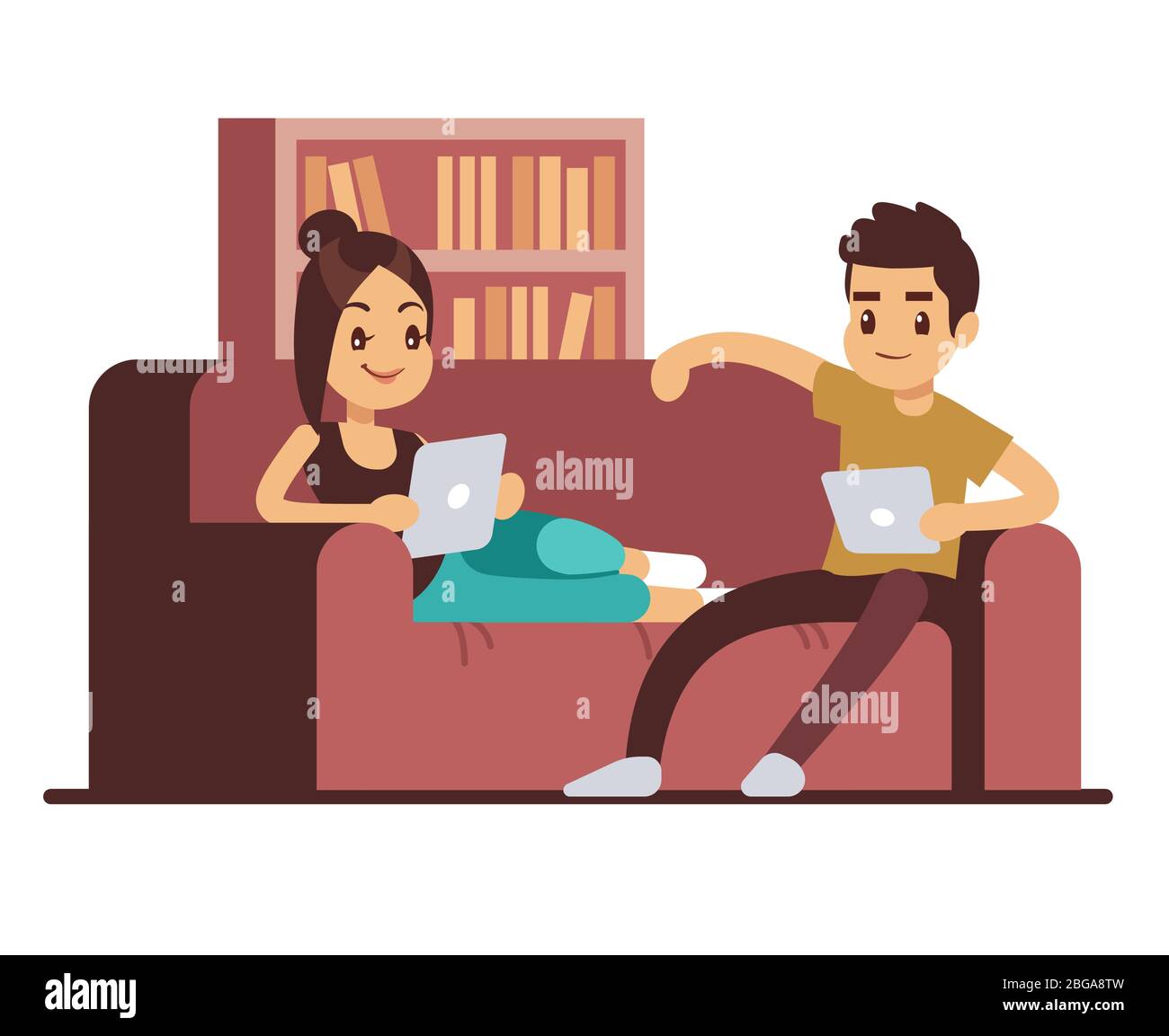 Glückliches Paar auf dem Sofa mit Tabletten. Junger Mann und Frau entspannen zu Hause. Mann und Frau zusammen auf Sofa mit digitaler Tablet-Illustration Stock Vektor