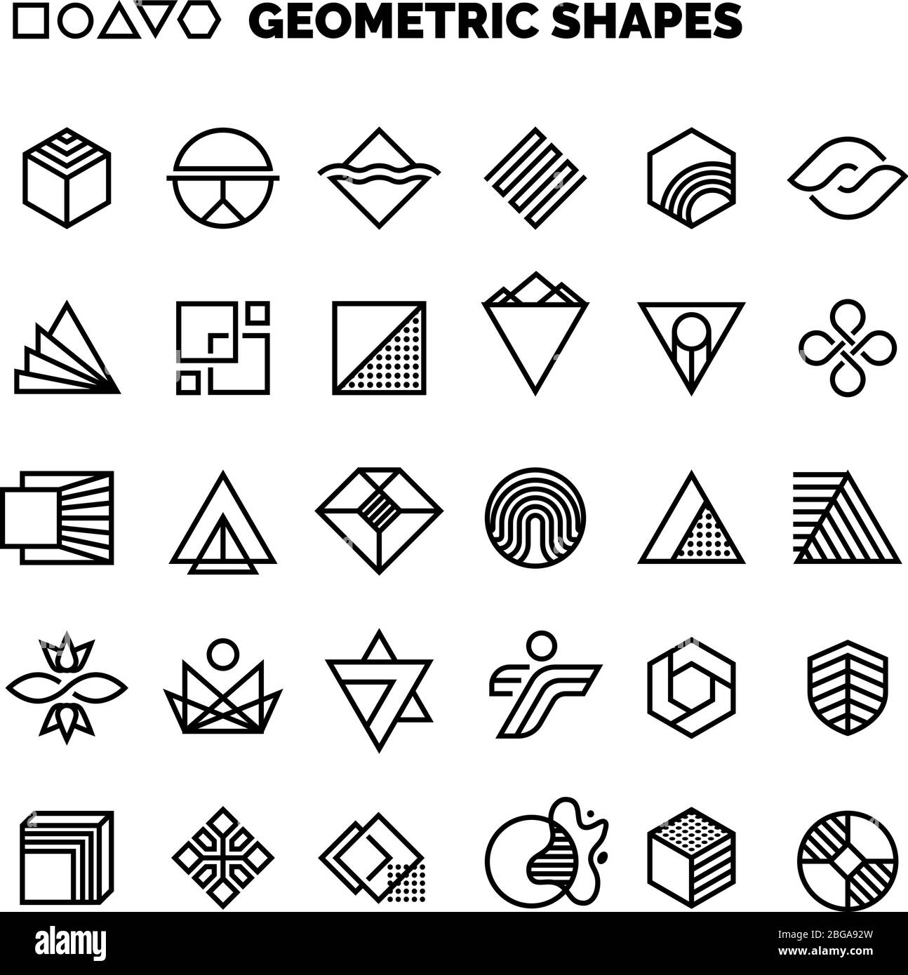 Universelle geometrische Vektorformen in Schwarz und Weiß für Grafikdesign isoliert. Geometrisches Element Logo einfache Kollektion Stock Vektor