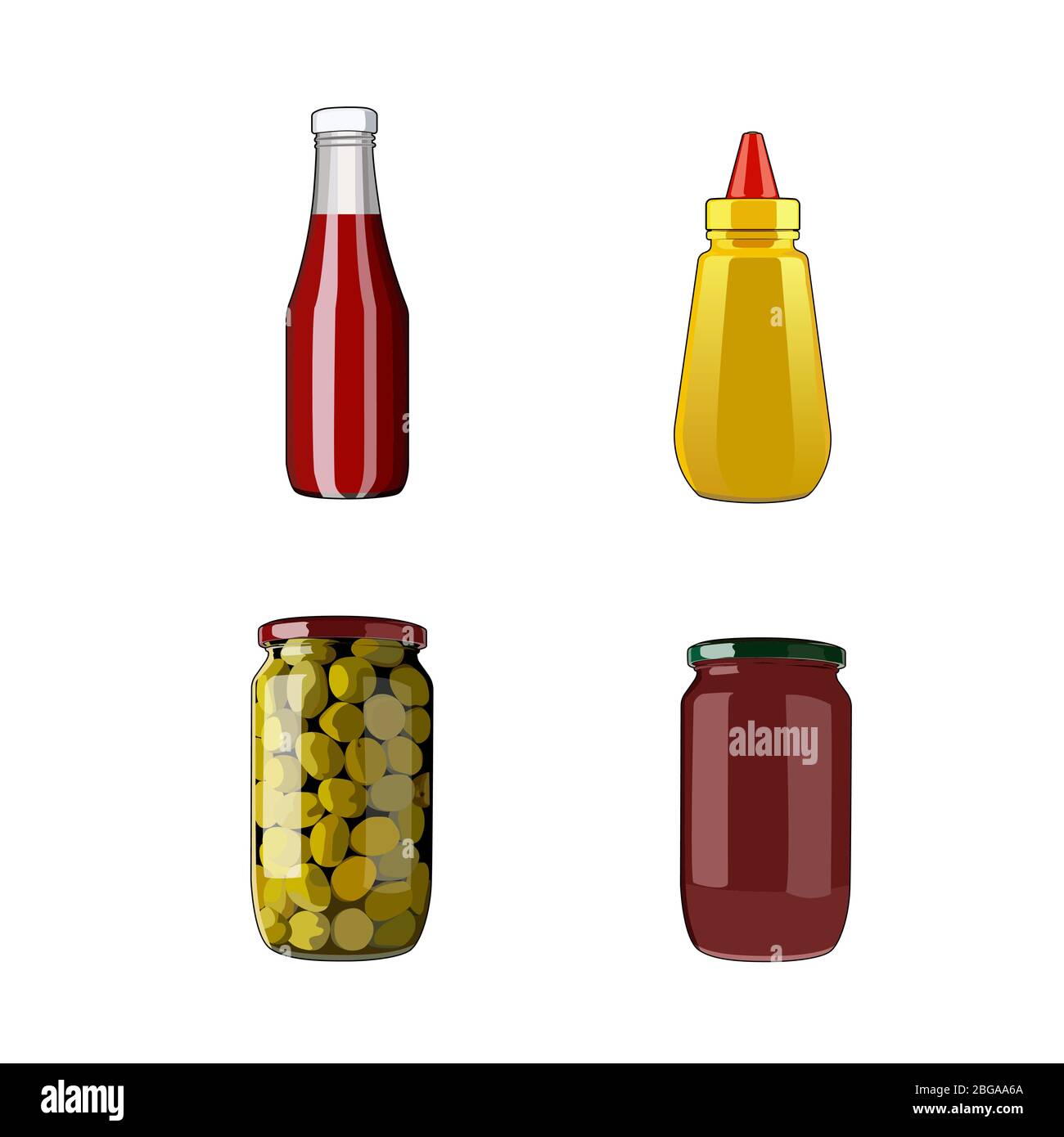 Set mit Würzsauce. Tomatenketchup, Senf, Bolognese-Sauce, Oliven im Glas. Zutaten für die Lebensmittel. Vektorgrafik Illustration Stock Vektor