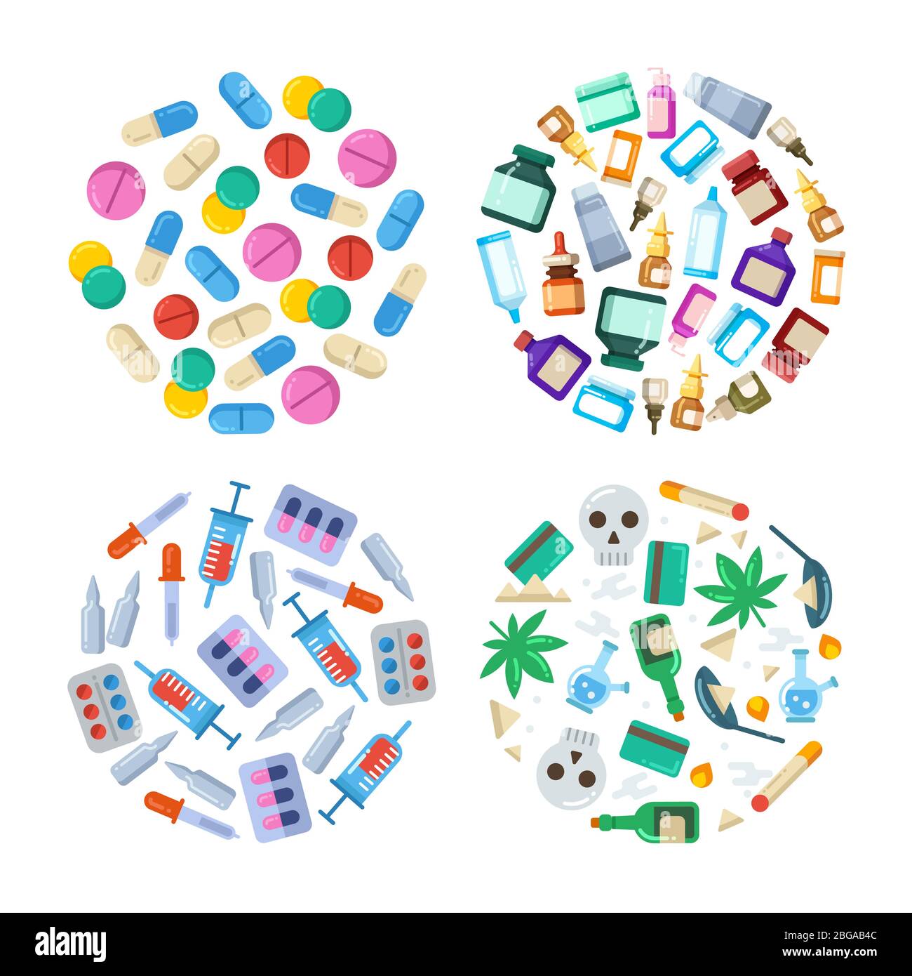 Medizin Cartoon Pille, Medikament, Tisch, Antibiotika, Medikamente Dosis flach runde Konzepte. Vektorgrafik Stock Vektor